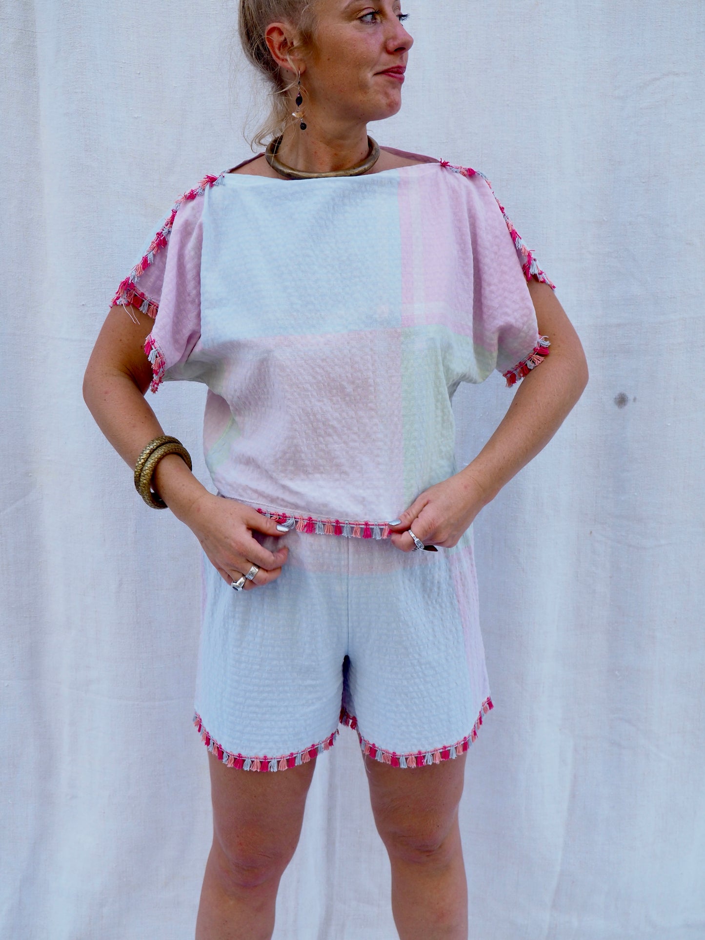 Up-cycled Vintage Cotton Two-Piece Set with Pom-Pom Trim – Handmade by Vagabond Ibiza