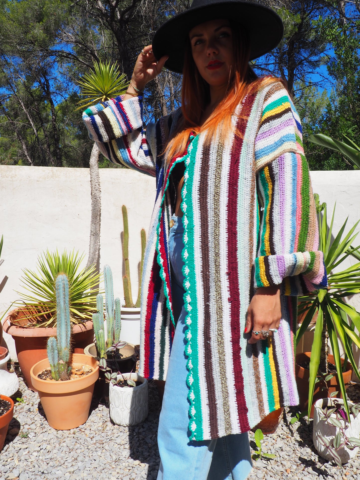 Vintage striped rainbow wool and cotton crochet jacket up-cycled by Vagabond Ibiza