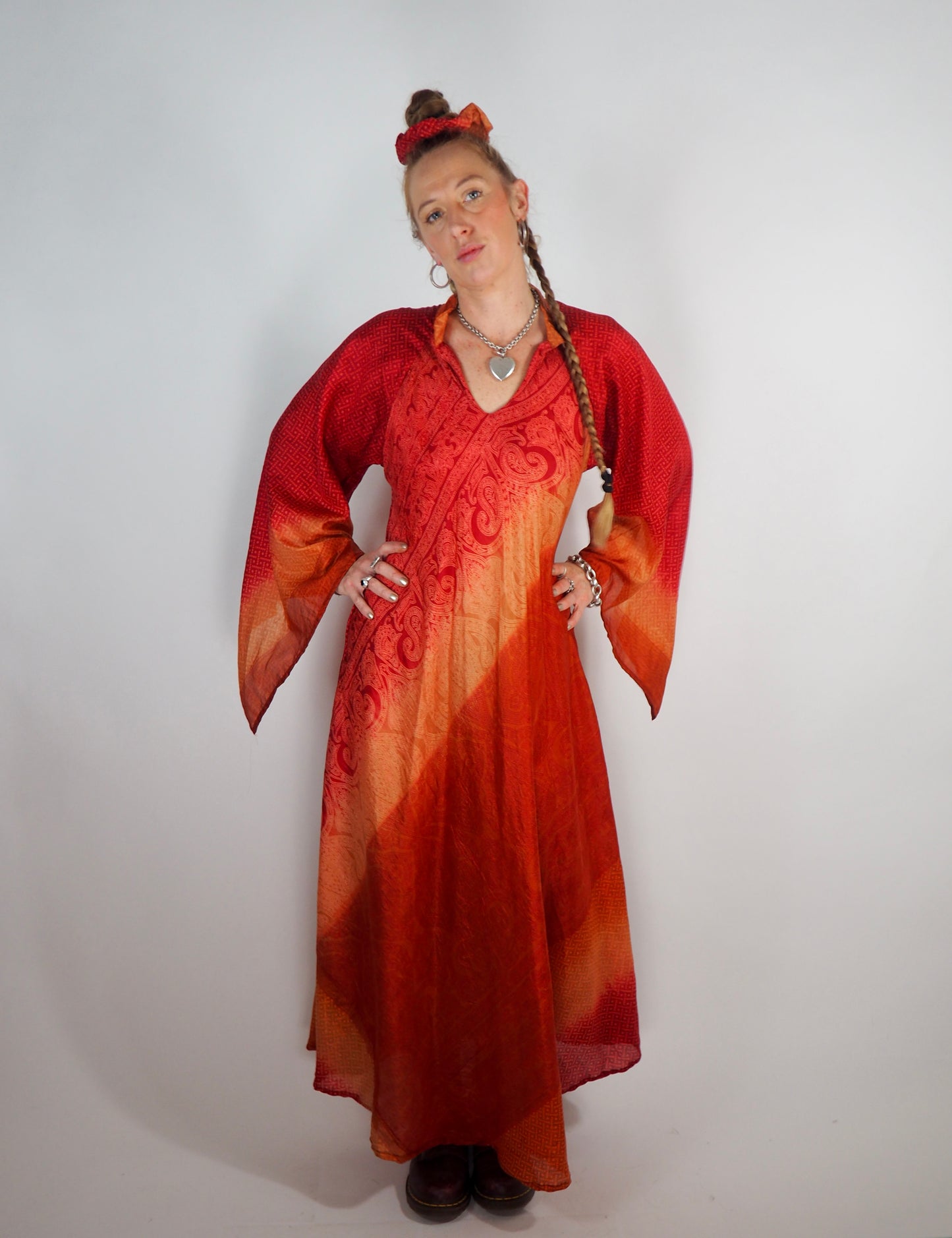 The Diamond Bias-Cut Maxi Dress – Up-cycled Vintage Sari Sustainable Dress with angel Sleeves + Matching Scrunchy & Bag