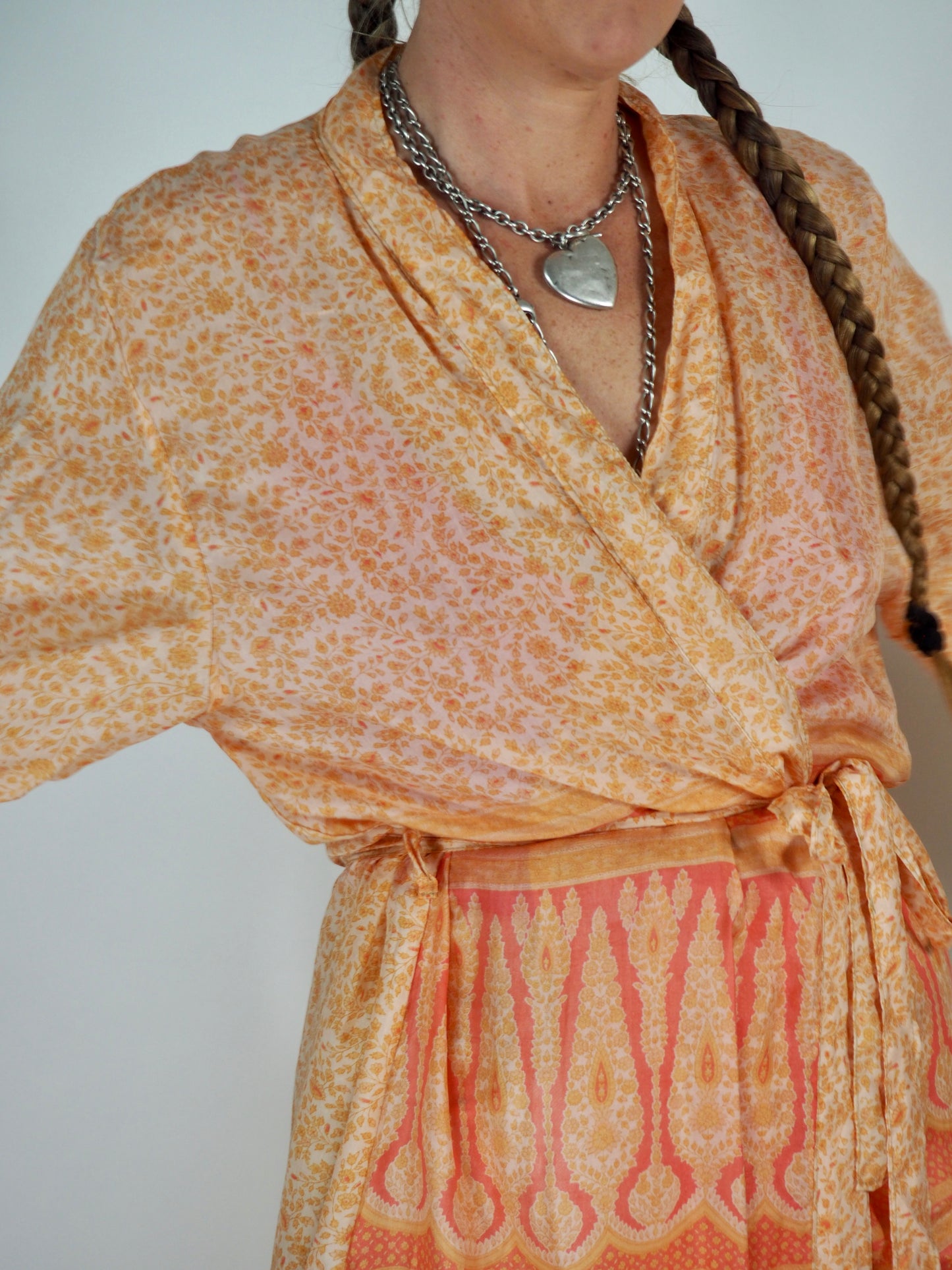 The Kardash Long Kimono – Up-cycled Vintage Sari long Kimono Robe with Waist Tie + Matching Scrunchy & Storage Bag