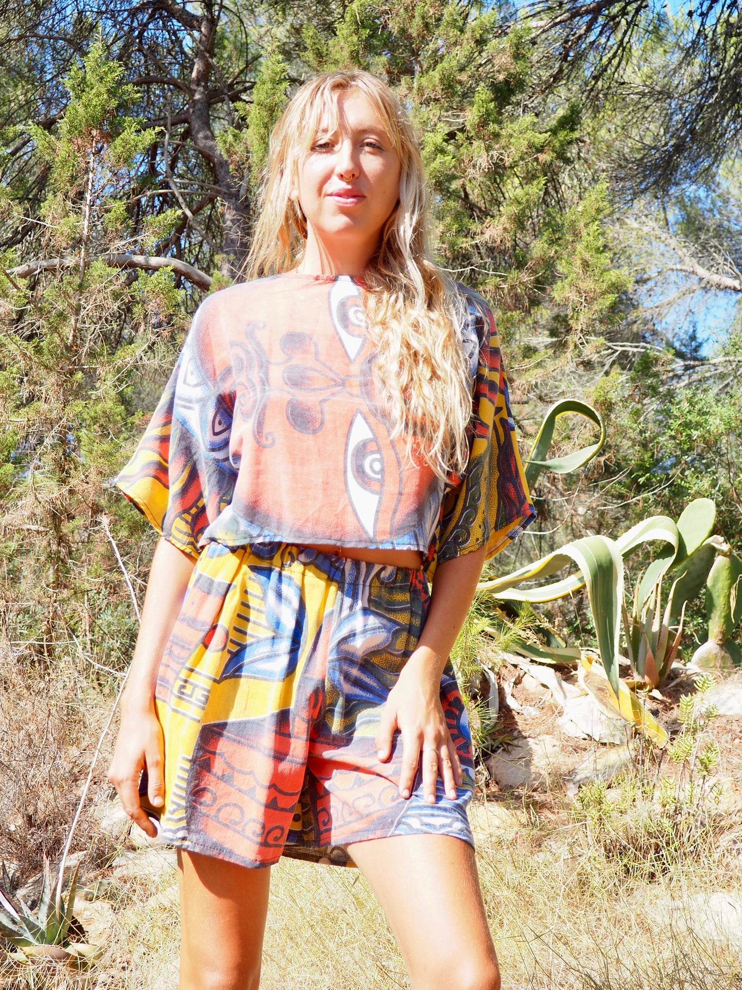Up-cycled cotton Top with face red blue and yellow print up-cycled by Vagabond Ibiza