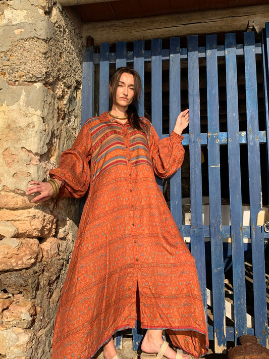 The Lenya Up-cycled Vintage Sari Dress – Sustainable Boho Dress with Oversized Sleeves Matching Scrunchy & Storage Bag*