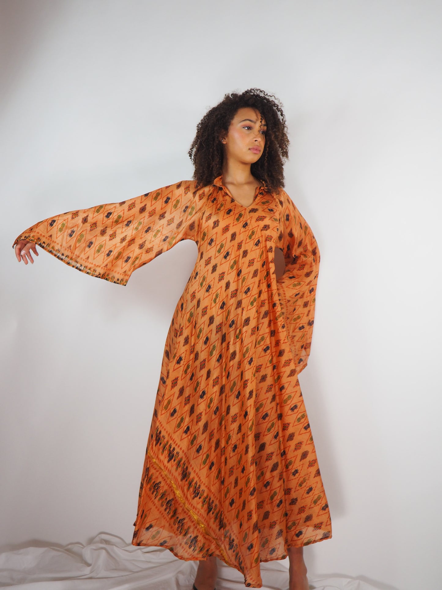 The Diamond Bias-Cut Maxi Dress – Up-cycled Vintage Sari Sustainable Dress with angel Sleeves + Matching Scrunchy & Bag