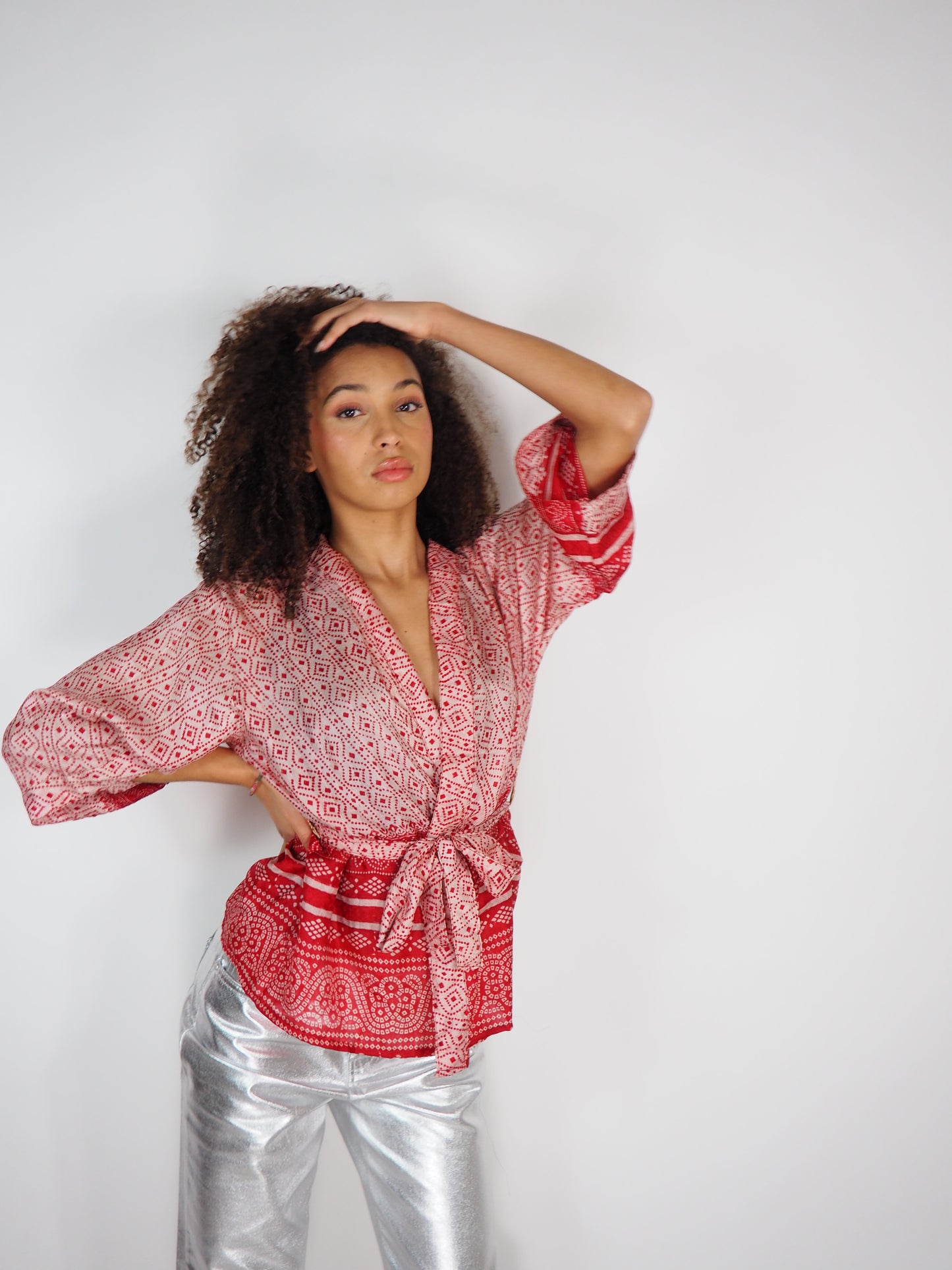 The Kardash Short Kimono – Vintage Re-cycled Sari Kimono Jacket with Waist Tie + Matching Scrunchy & Storage Bag