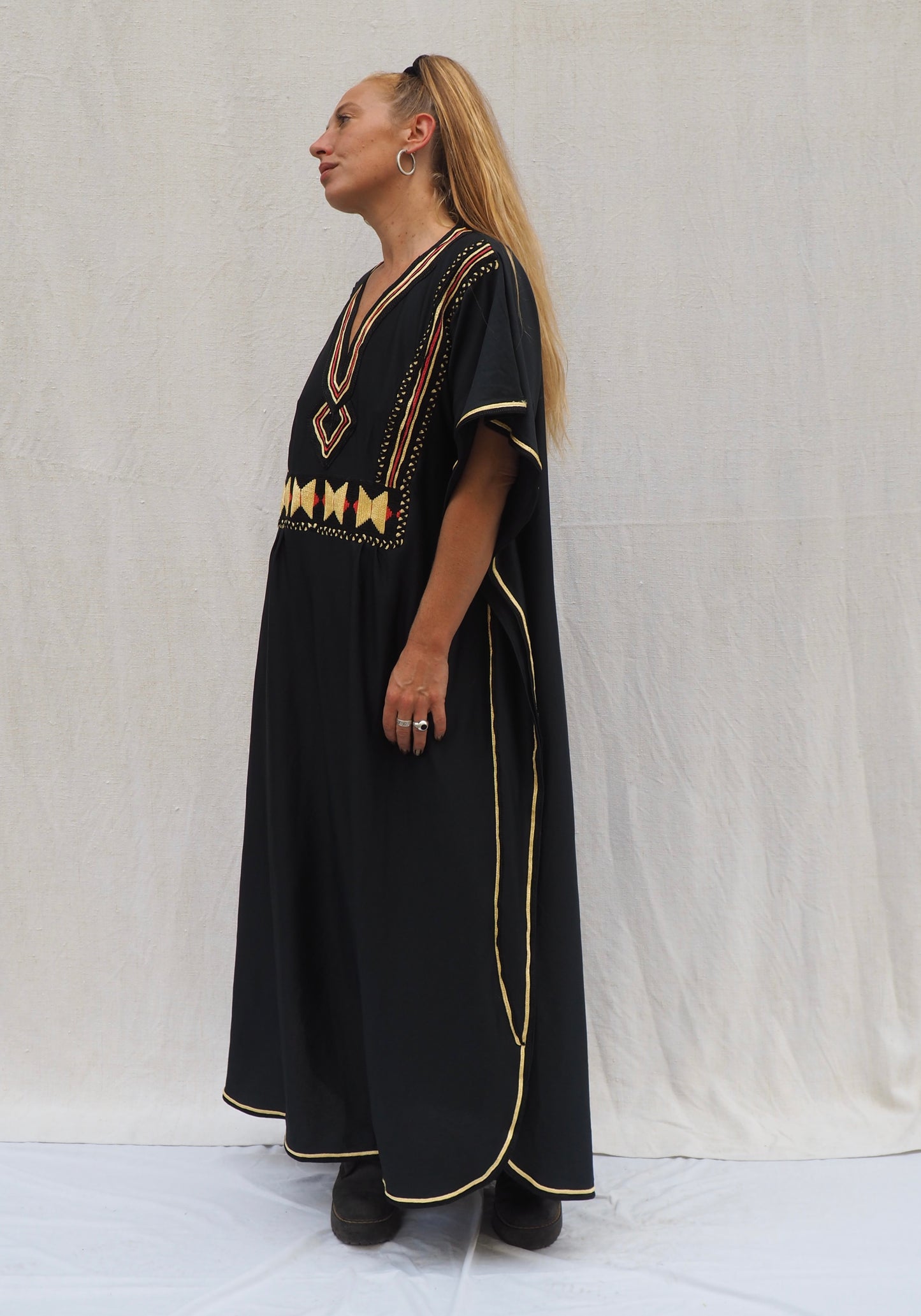 Vintage Black Polyester Kaftan with Gold Detail