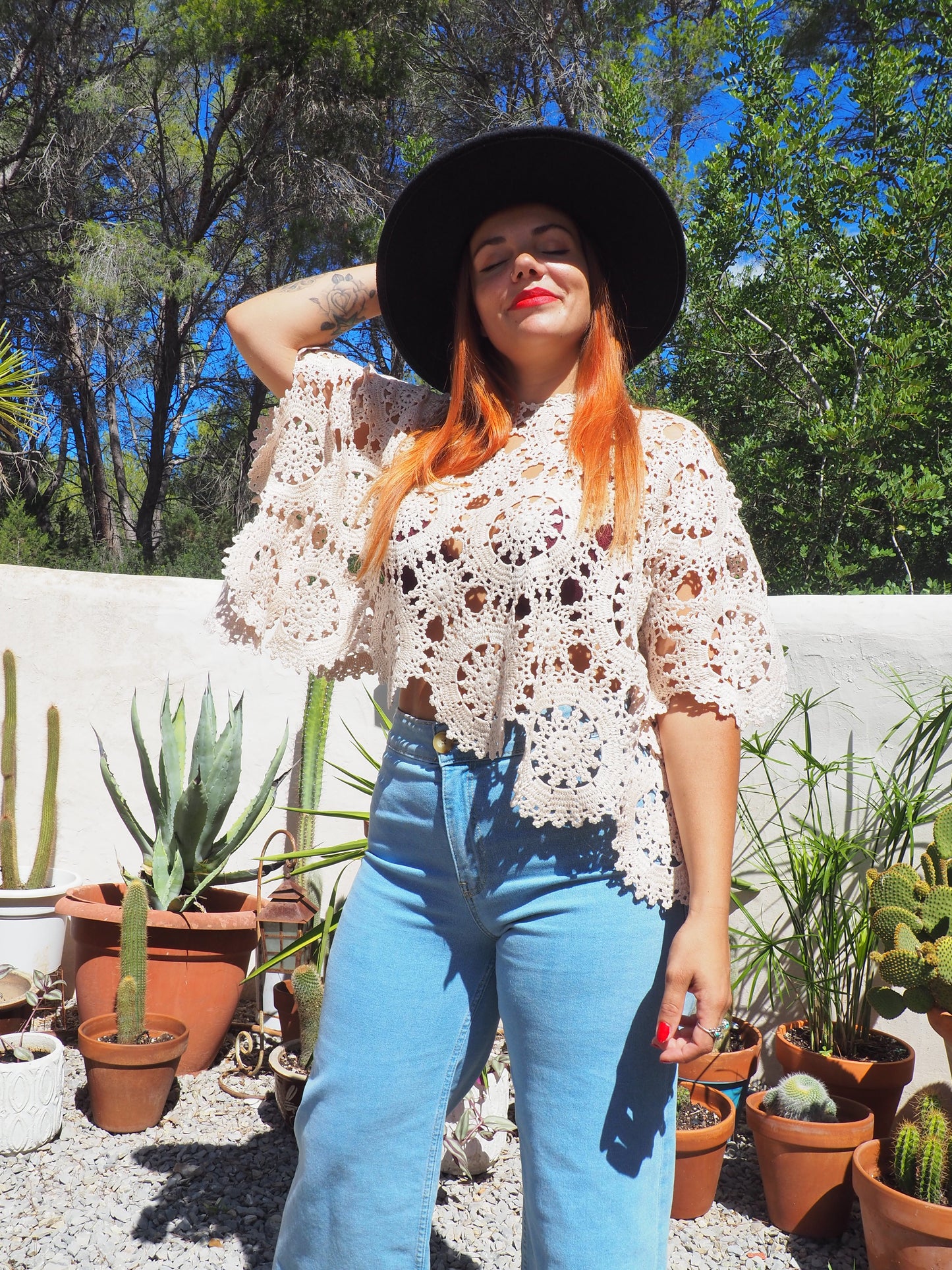 Vintage cream silk crochet top up-cycled by Vagabond Ibiza