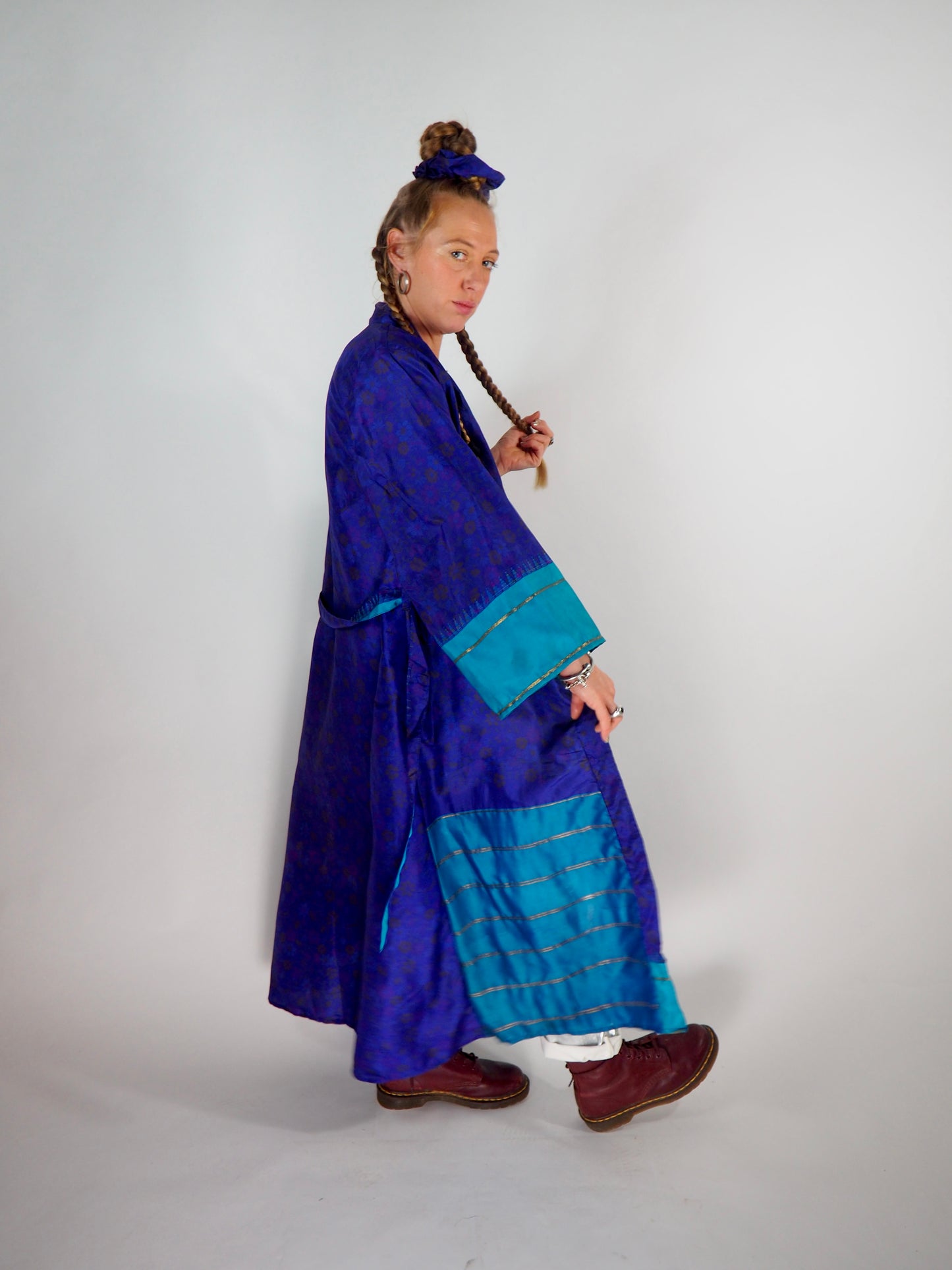 The Kardash Long Kimono – Up-cycled Vintage Sari long Kimono Robe with Waist Tie + Matching Scrunchy & Storage Bag