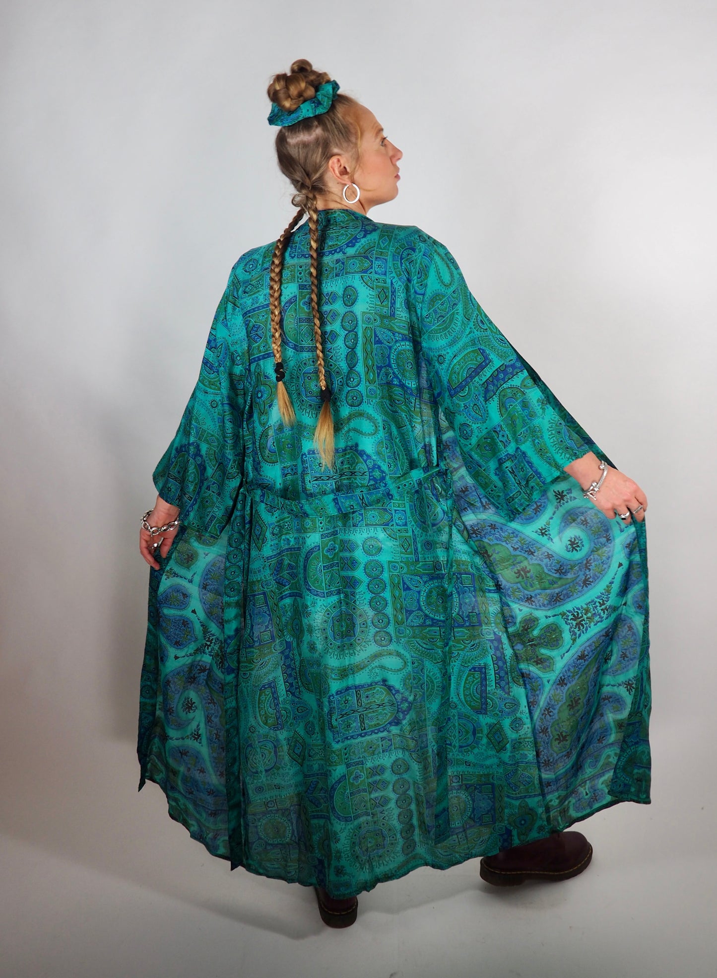 The Kardash Long Kimono – Up-cycled Vintage Sari long Kimono Robe with Waist Tie + Matching Scrunchy & Storage Bag