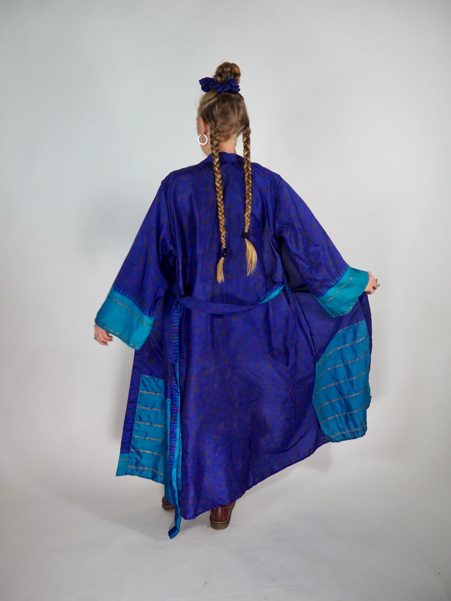 The Kardash Long Kimono – Up-cycled Vintage Sari long Kimono Robe with Waist Tie + Matching Scrunchy & Storage Bag