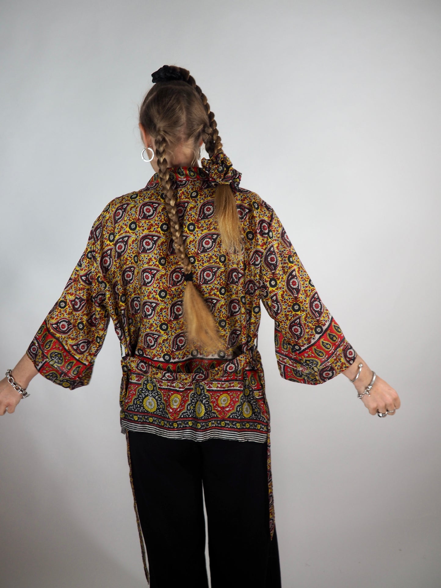 The Kardash Short Kimono – Vintage Re-cycled Sari Kimono Jacket with Waist Tie + Matching Scrunchy & Storage Bag