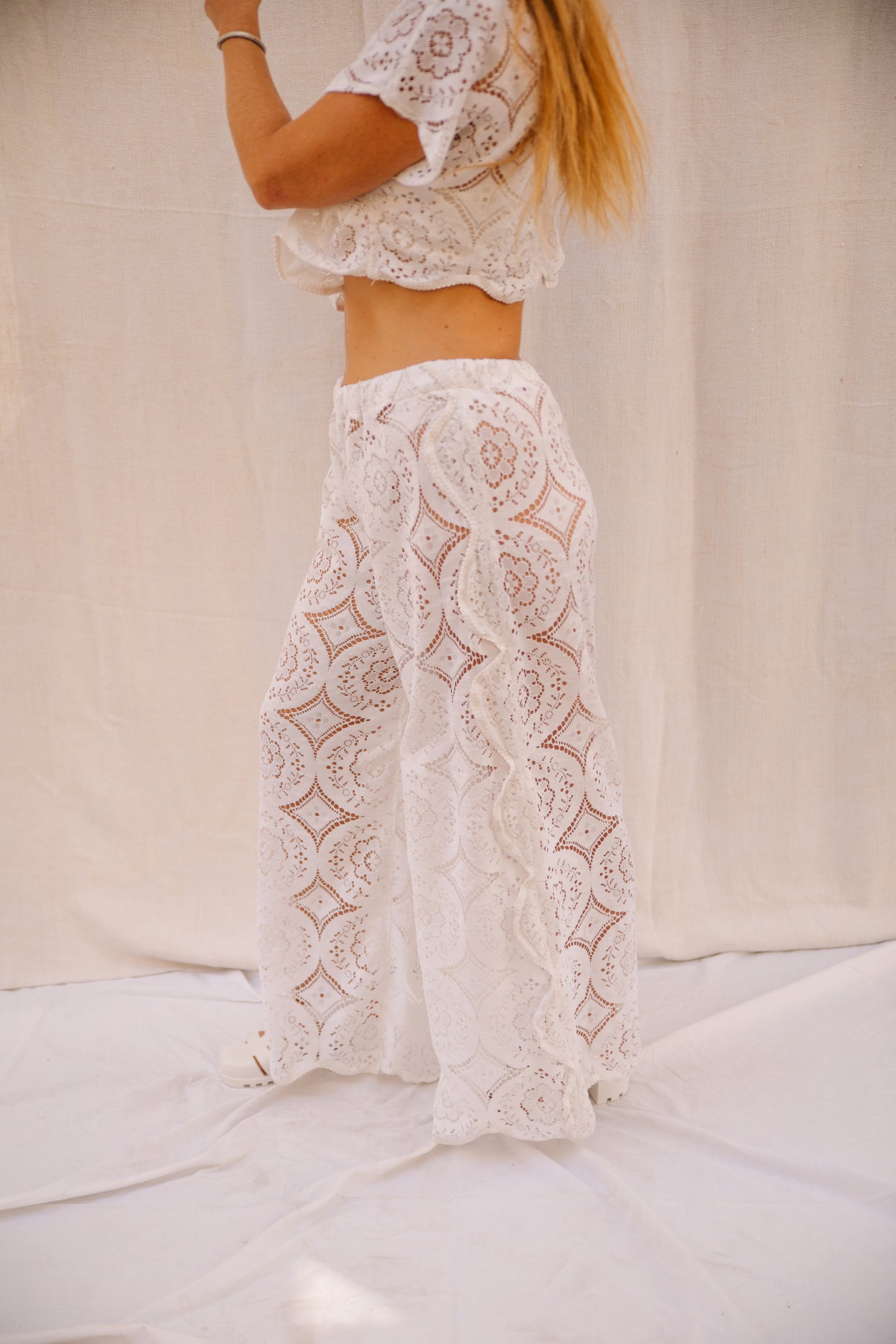 Up-cycled Vintage white Lace Trousers with Side Detailing – Handmade by Vagabond Ibiza