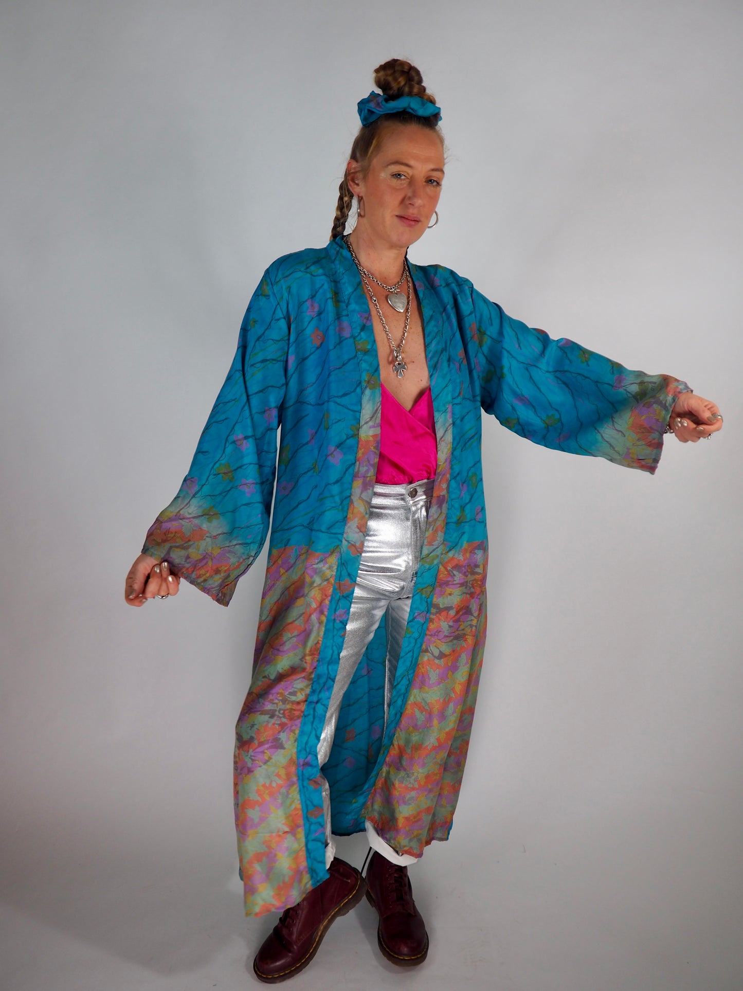 The Kardash Long Kimono – Up-cycled Vintage Sari long Kimono Robe with Waist Tie + Matching Scrunchy & Storage Bag