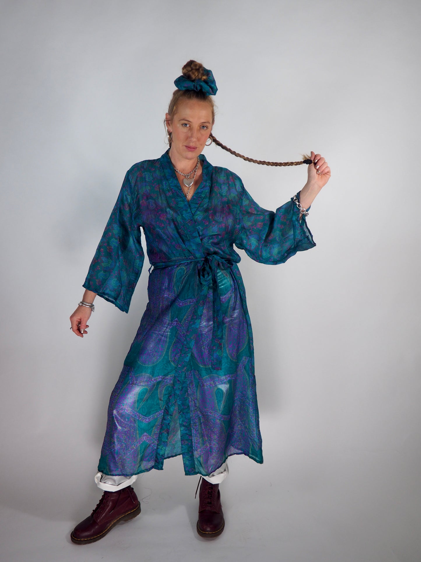 The Kardash Long Kimono – Up-cycled Vintage Sari long Kimono Robe with Waist Tie + Matching Scrunchy & Storage Bag