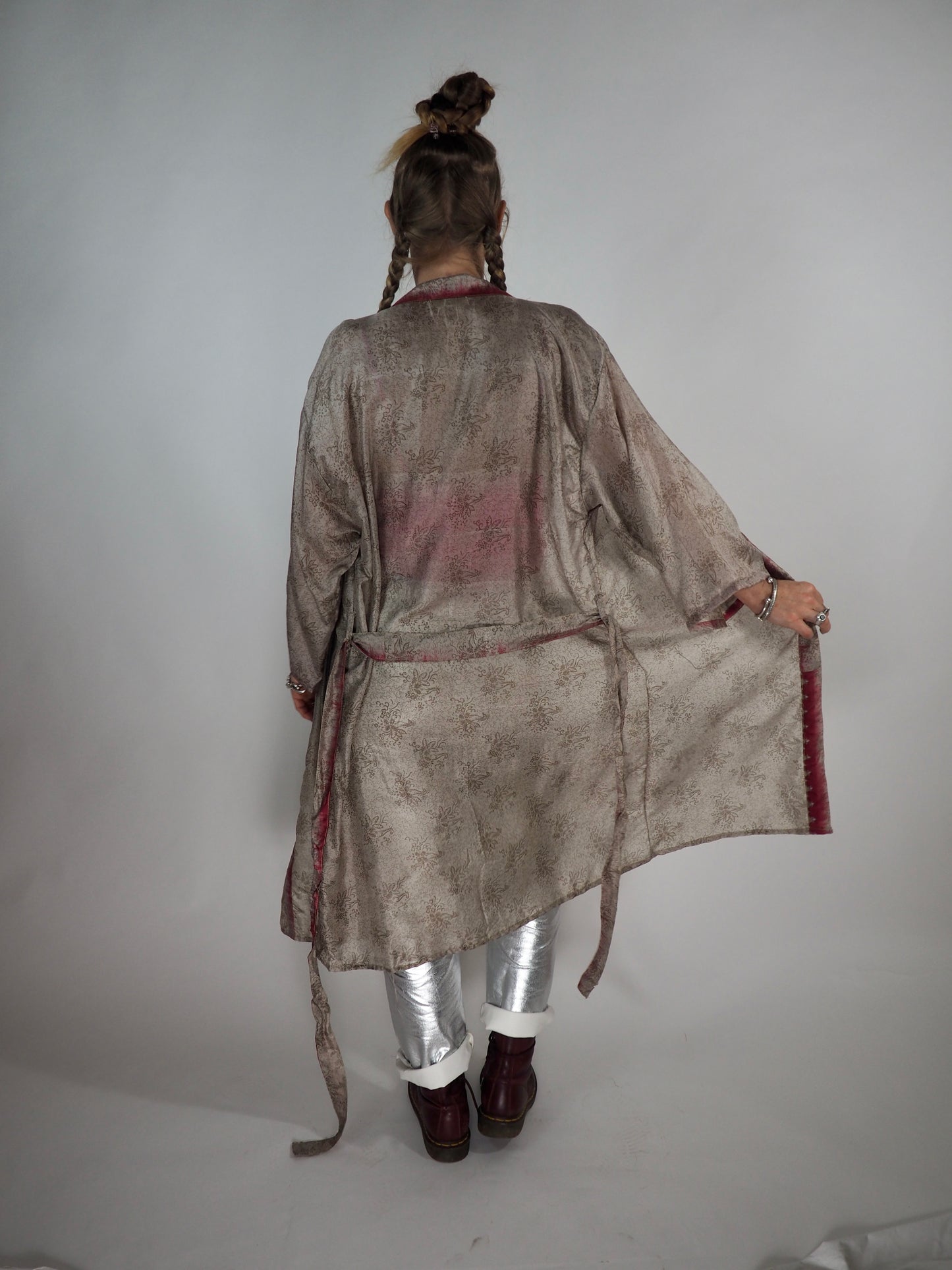 The Kardash Medium-Length Kimono – Up-cycled Vintage Sari Kimono Jacket with Waist Tie + Matching Scrunchy & Storage Bag