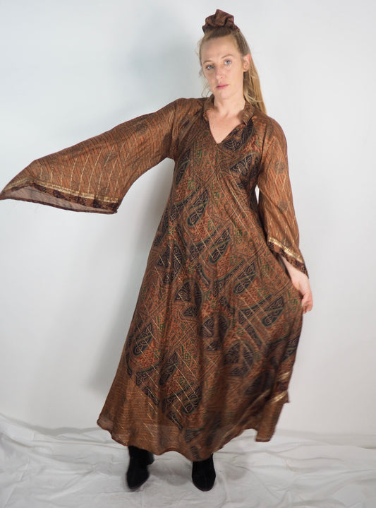 The Diamond Bias-Cut Maxi Dress – Up-cycled Vintage Sari Sustainable Dress with angel Sleeves + Matching Scrunchy & Bag