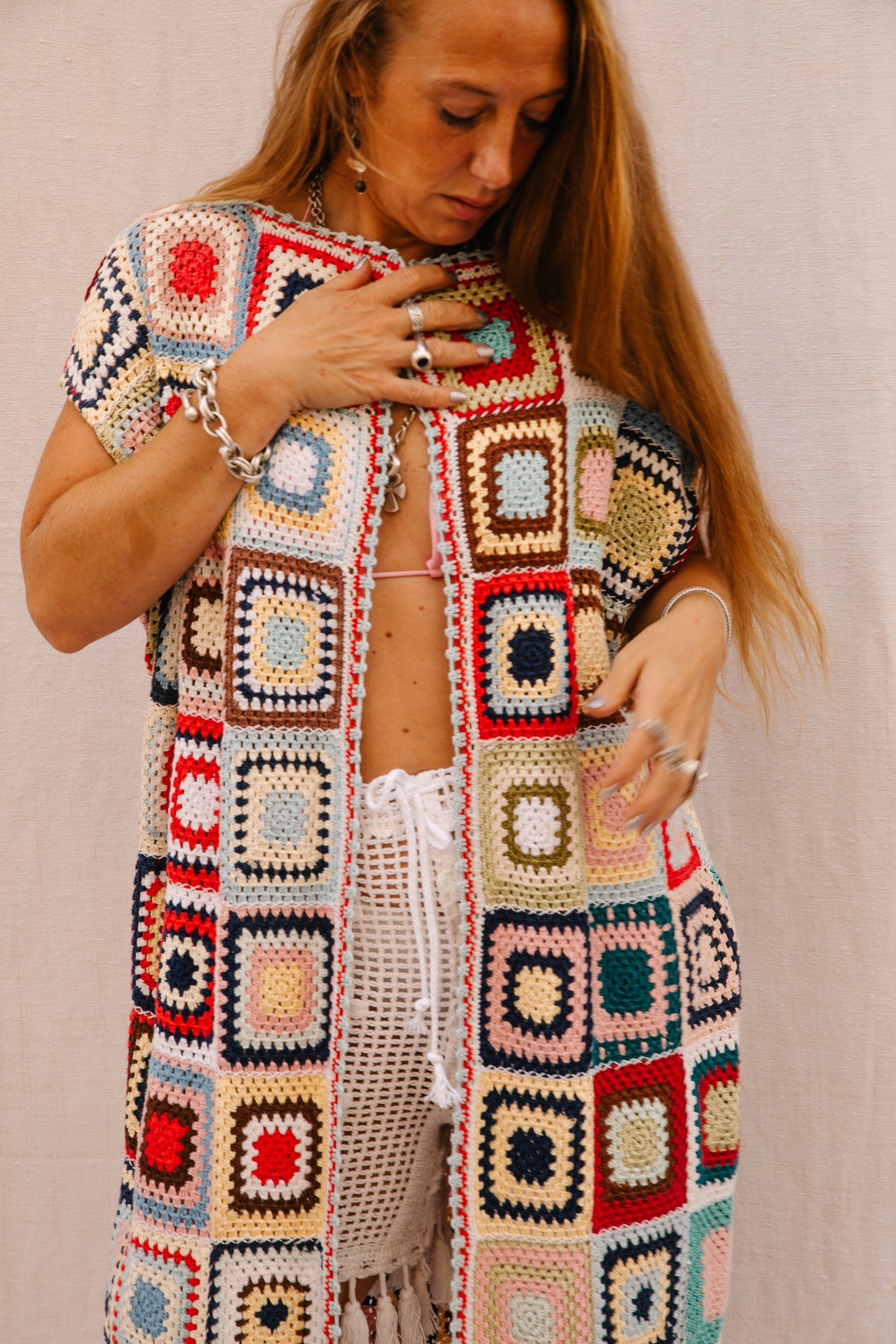 Vintage 1970s Granny Square Crochet blanket jacket waistcoat up-cycled by Vagabond Ibiza