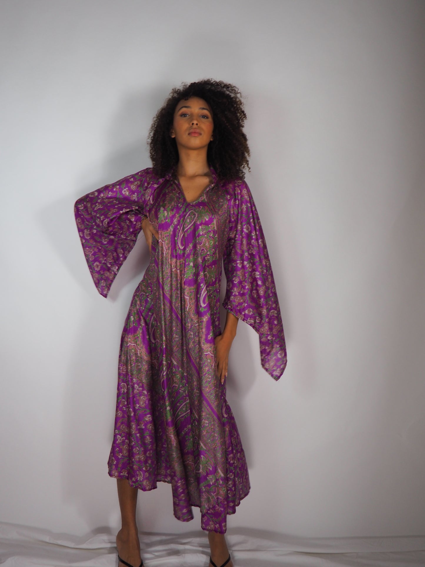 The Diamond Bias-Cut Maxi Dress – Up-cycled Vintage Sari Sustainable Dress with angel Sleeves + Matching Scrunchy & Bag