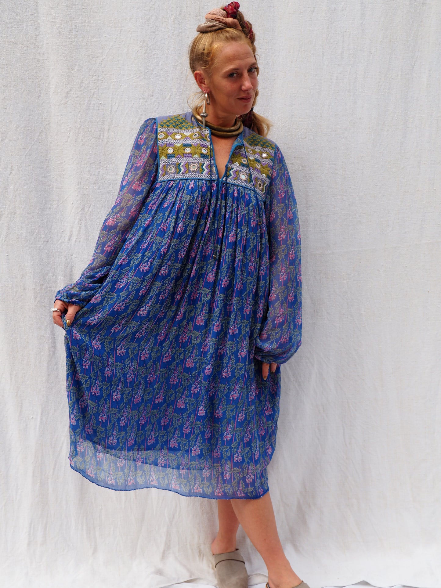 Vintage 1970s Indian Dress with Hand-Embroidered Panel