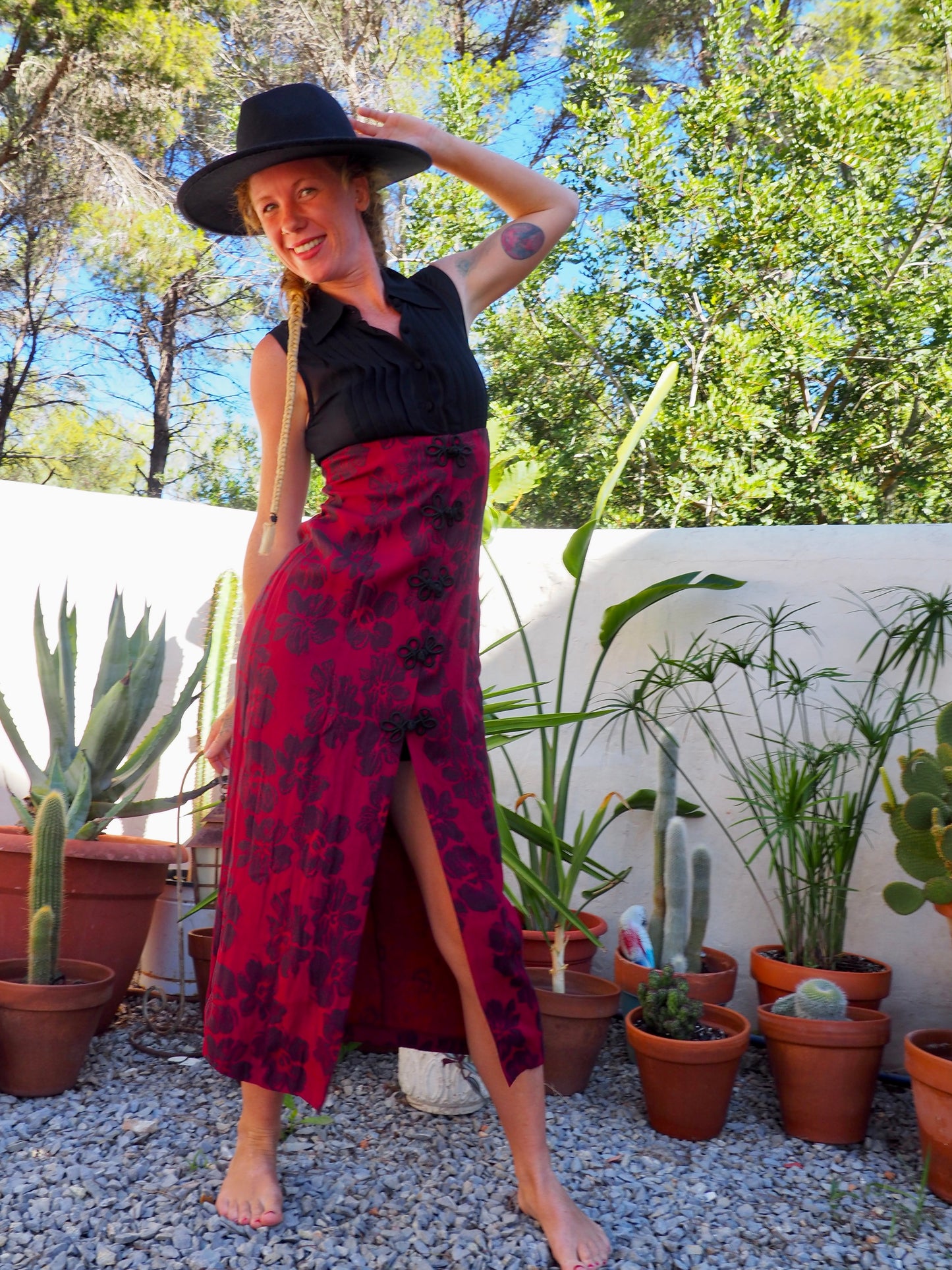 Vintage Chinese printed red and black dress super cool big button fastening details