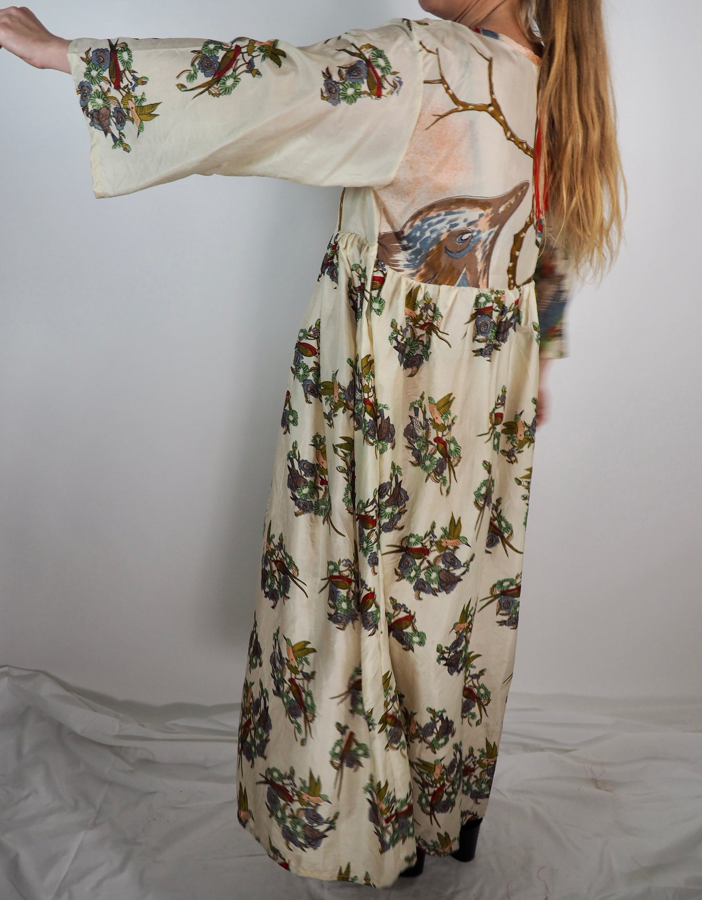 The Vadella Up-cycled Vintage Re-cycled Sari Maxi Dress – Sustainable Boho Dress with Tie Neck Detail + Matching Scrunchy & Bag