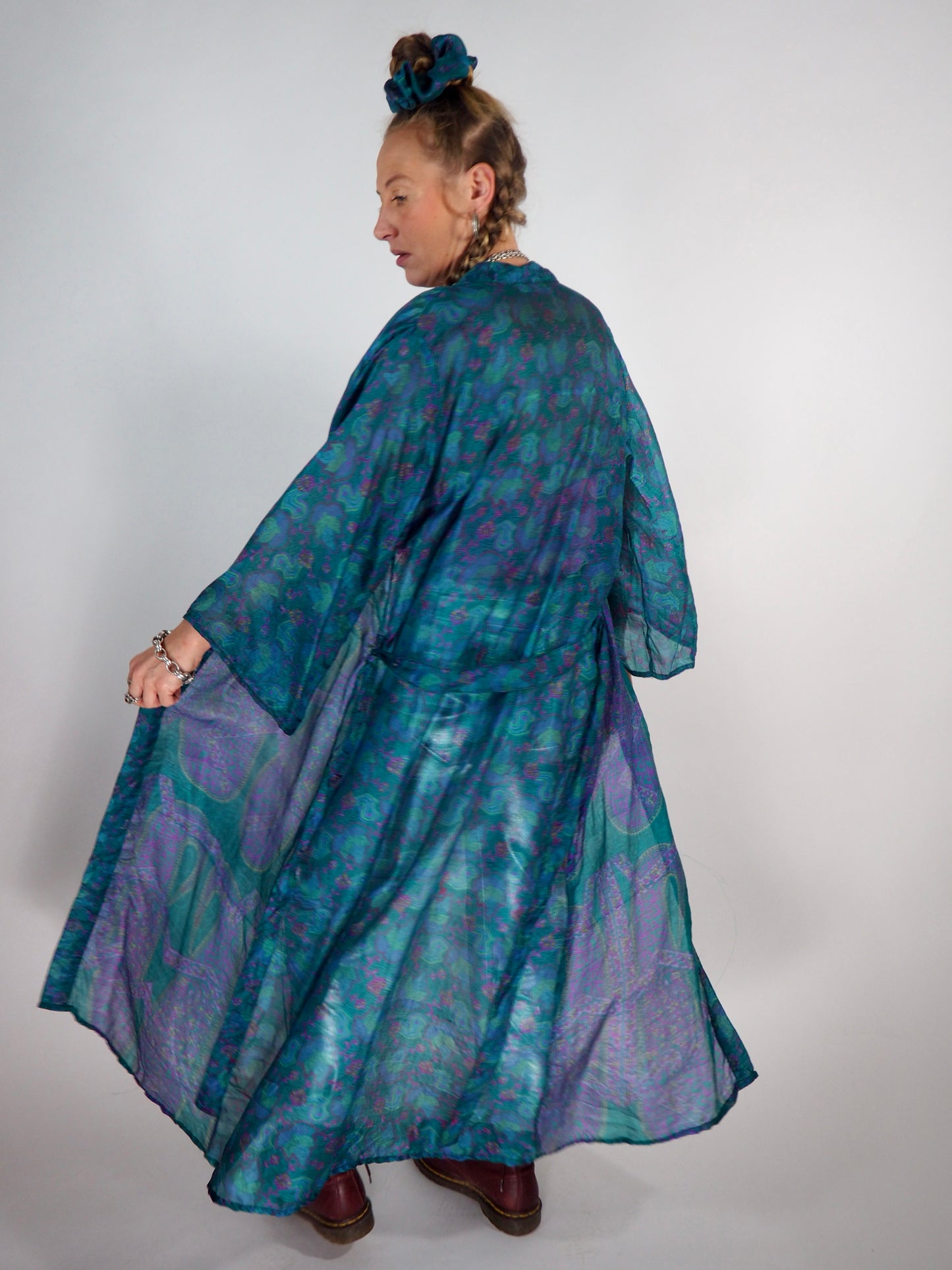 The Kardash Long Kimono – Up-cycled Vintage Sari long Kimono Robe with Waist Tie + Matching Scrunchy & Storage Bag