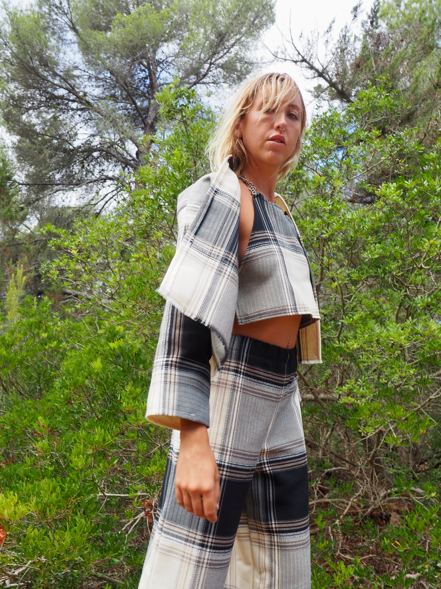 Up-cycled black and white checked tie crop top with nice quality a high end woven made by Vagabond Ibiza