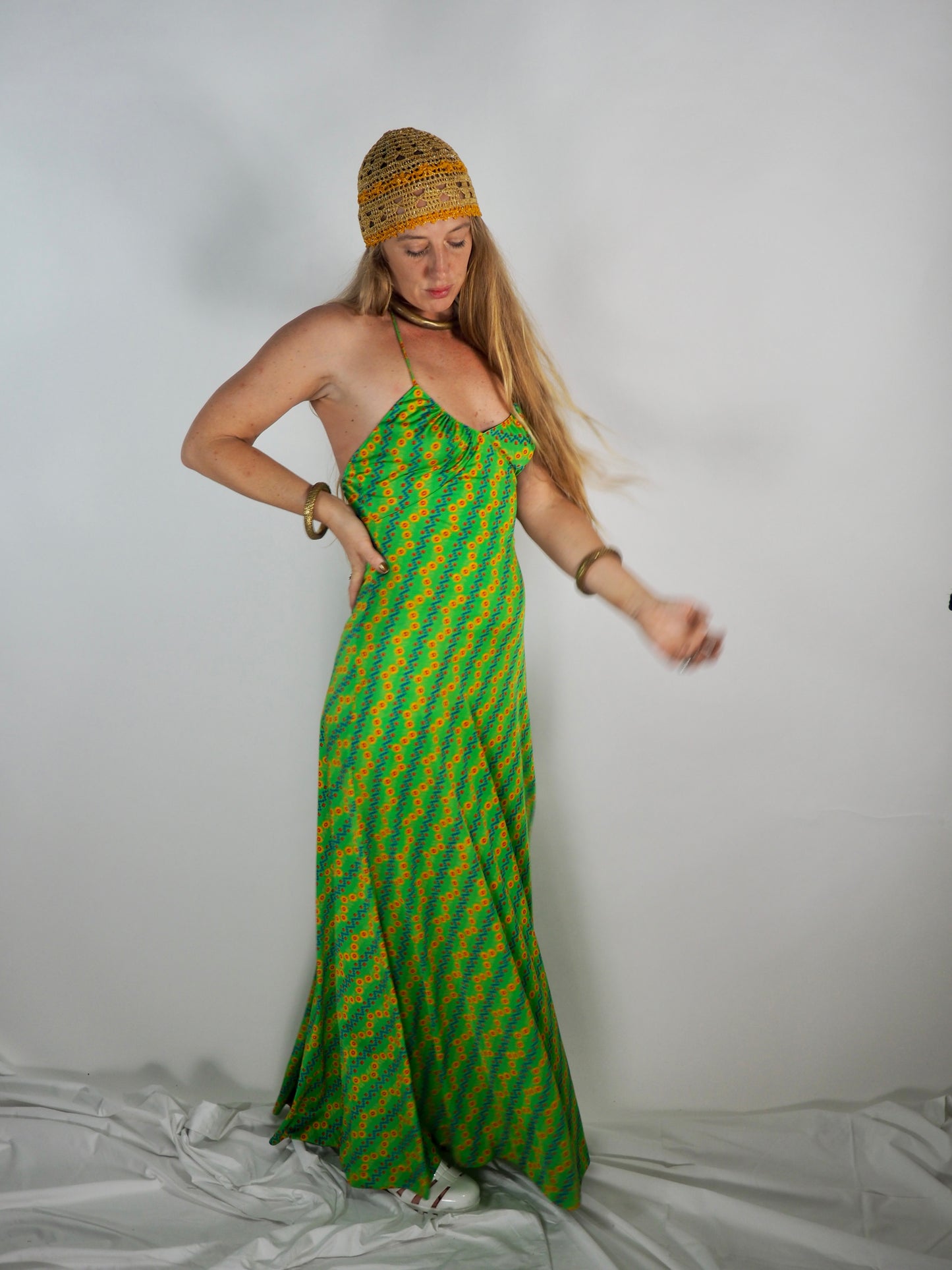 1970s Vintage Maxi Dress - Psychedelic Green Print