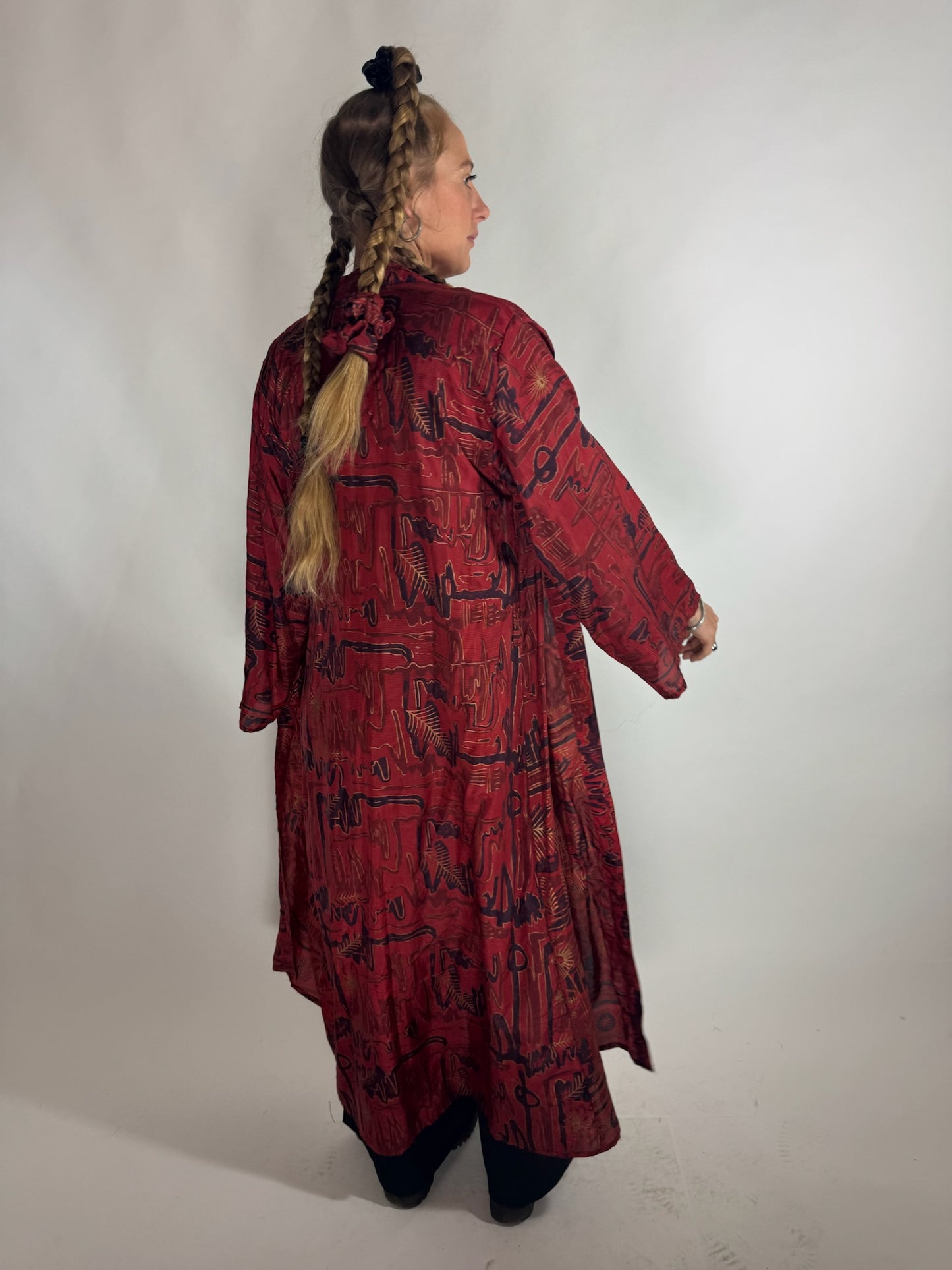 The Kardash Long Kimono – Up-cycled Vintage Sari long Kimono Robe with Waist Tie + Matching Scrunchy & Storage Bag