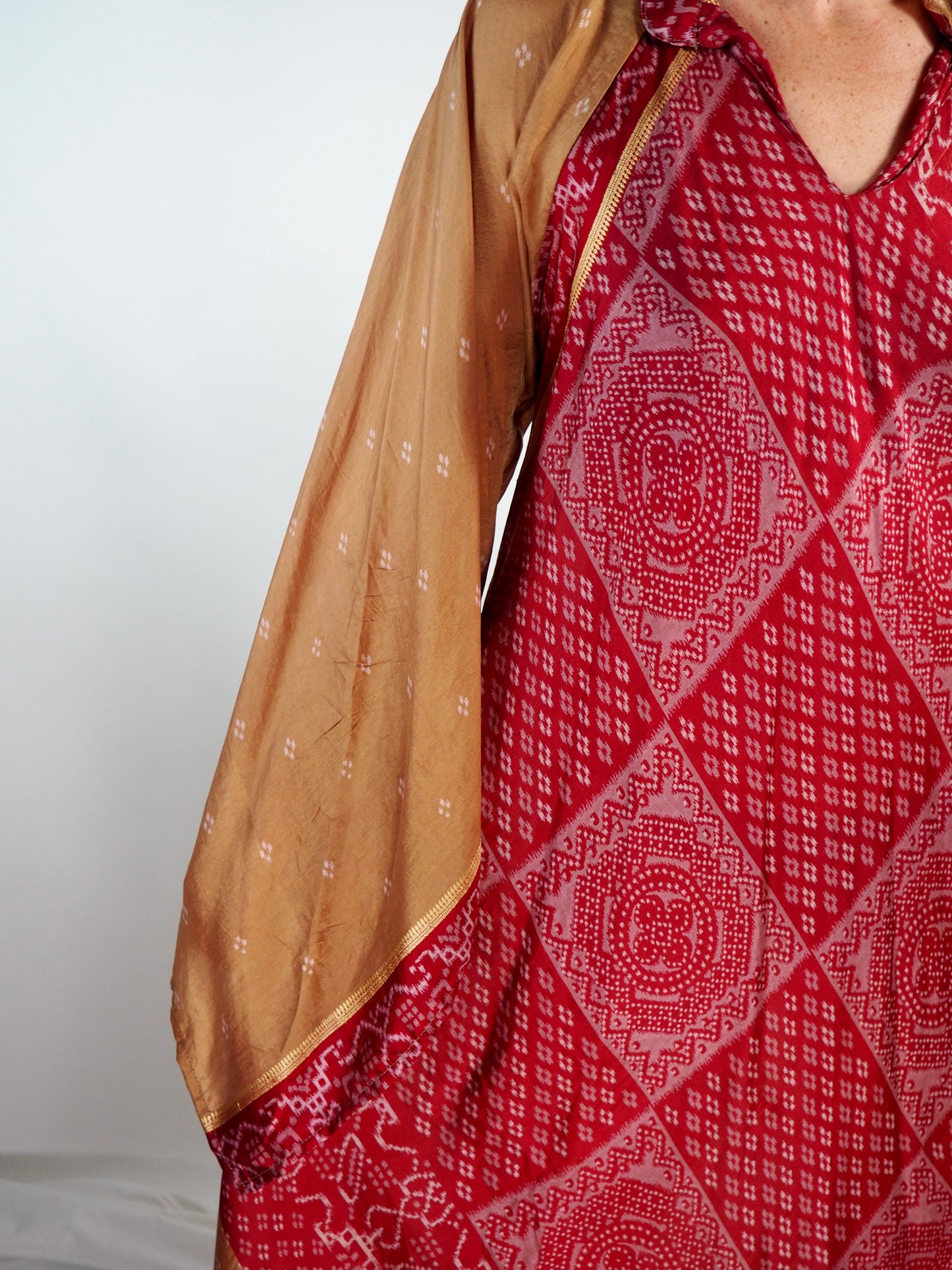 The Diamond Bias-Cut Maxi Dress – Up-cycled Vintage Sari Sustainable Dress with angel Sleeves + Matching Scrunchy & Bag