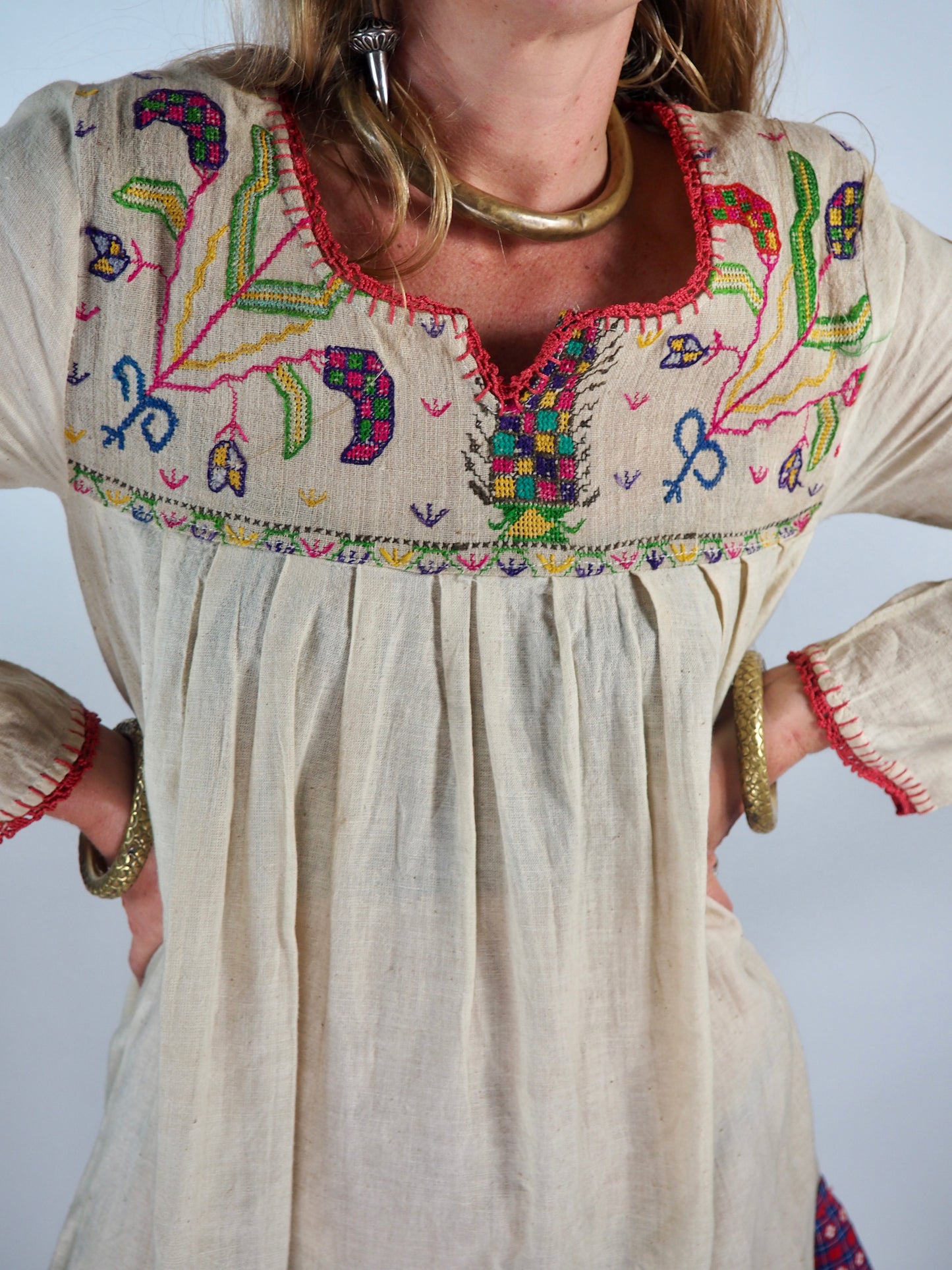 Vintage 1970s Embroidered Indian Cotton Dress