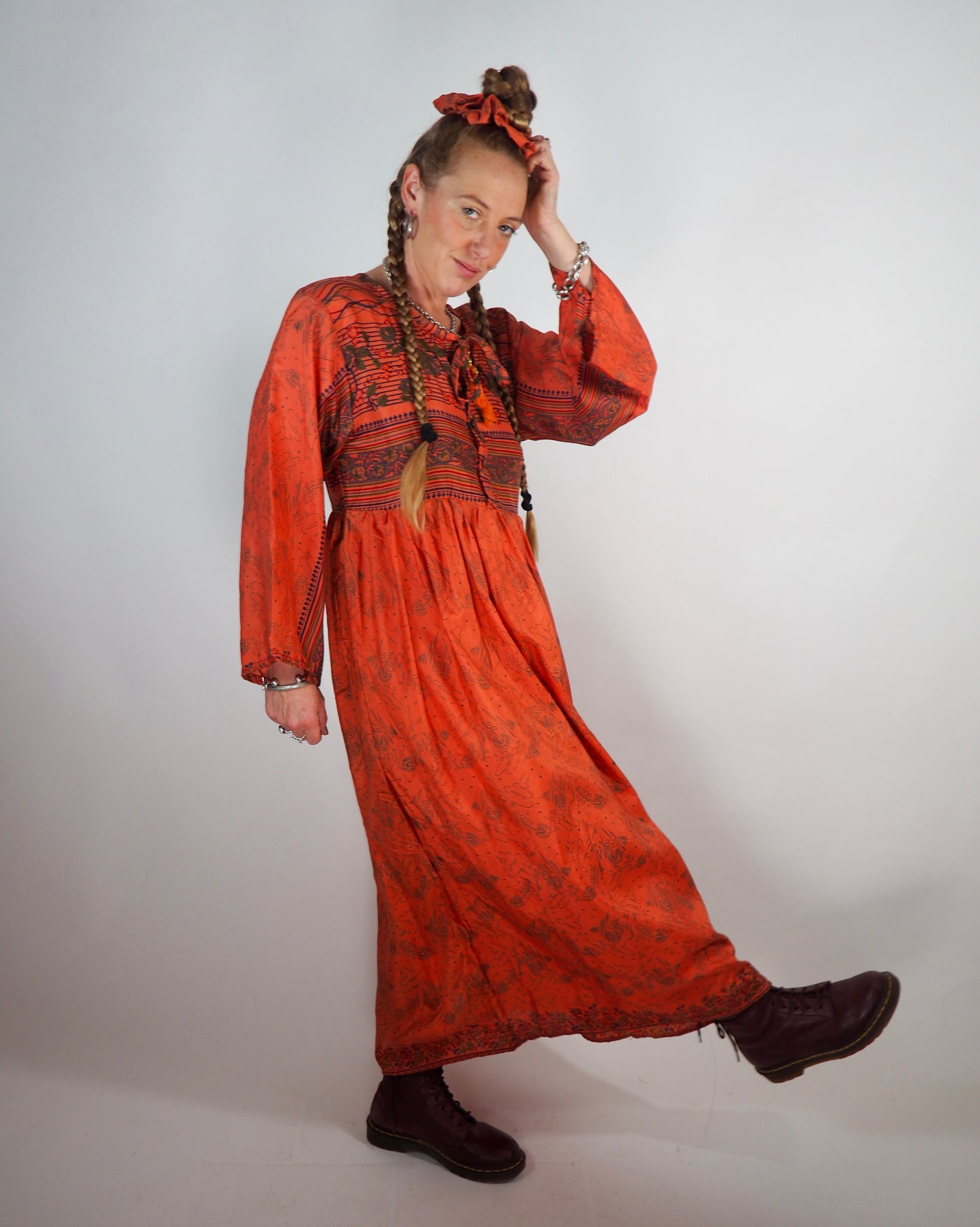 The Vadella Up-cycled Vintage Re-cycled Sari Maxi Dress – Sustainable Boho Dress with Tie Neck Detail + Matching Scrunchy & Bag