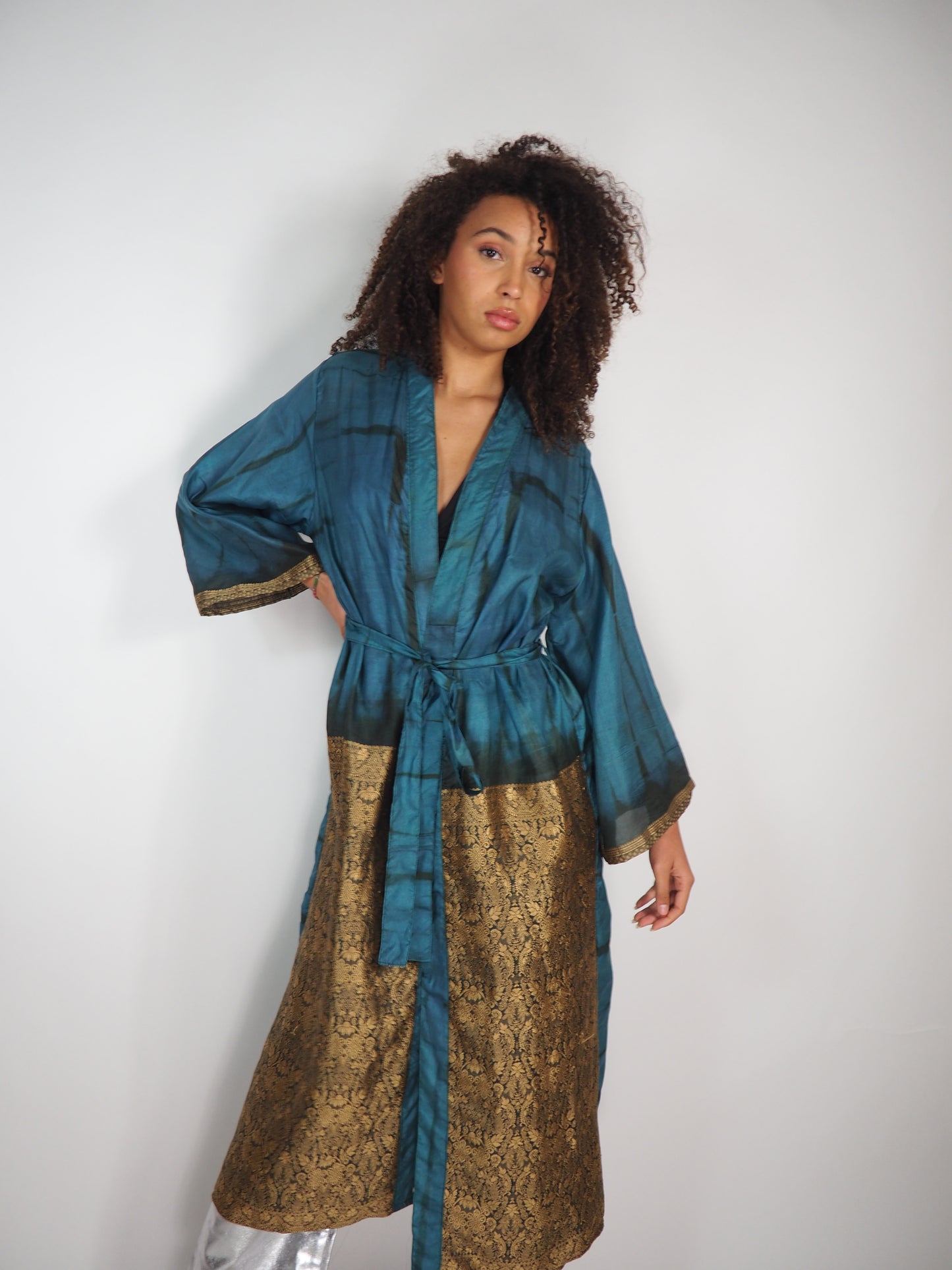 The Kardash Long Kimono – Up-cycled Vintage Sari long Kimono Robe with Waist Tie + Matching Scrunchy & Storage Bag