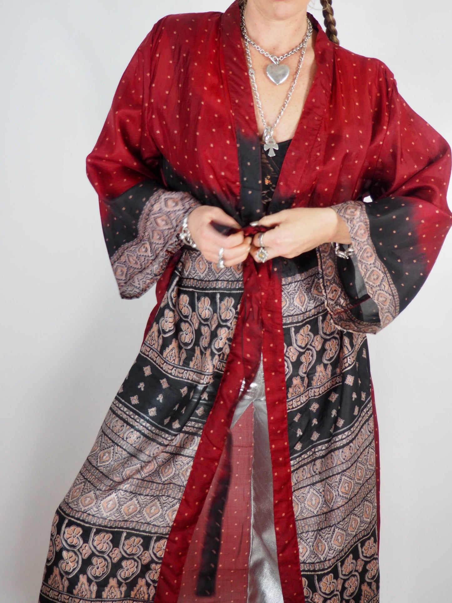 The Kardash Long Kimono – Up-cycled Vintage Sari long Kimono Robe with Waist Tie + Matching Scrunchy & Storage Bag