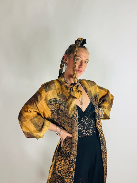 The Kardash Medium-Length Kimono – Up-cycled Vintage Sari Kimono Jacket with Waist Tie + Matching Scrunchy & Storage Bag