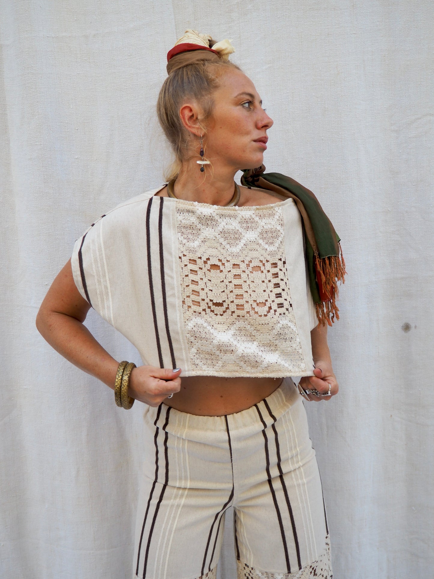 Up-cycled Vintage Linen Cropped T-Shirt with Lace Paneling & Capped Sleeves – Handmade by Vagabond Ibiza