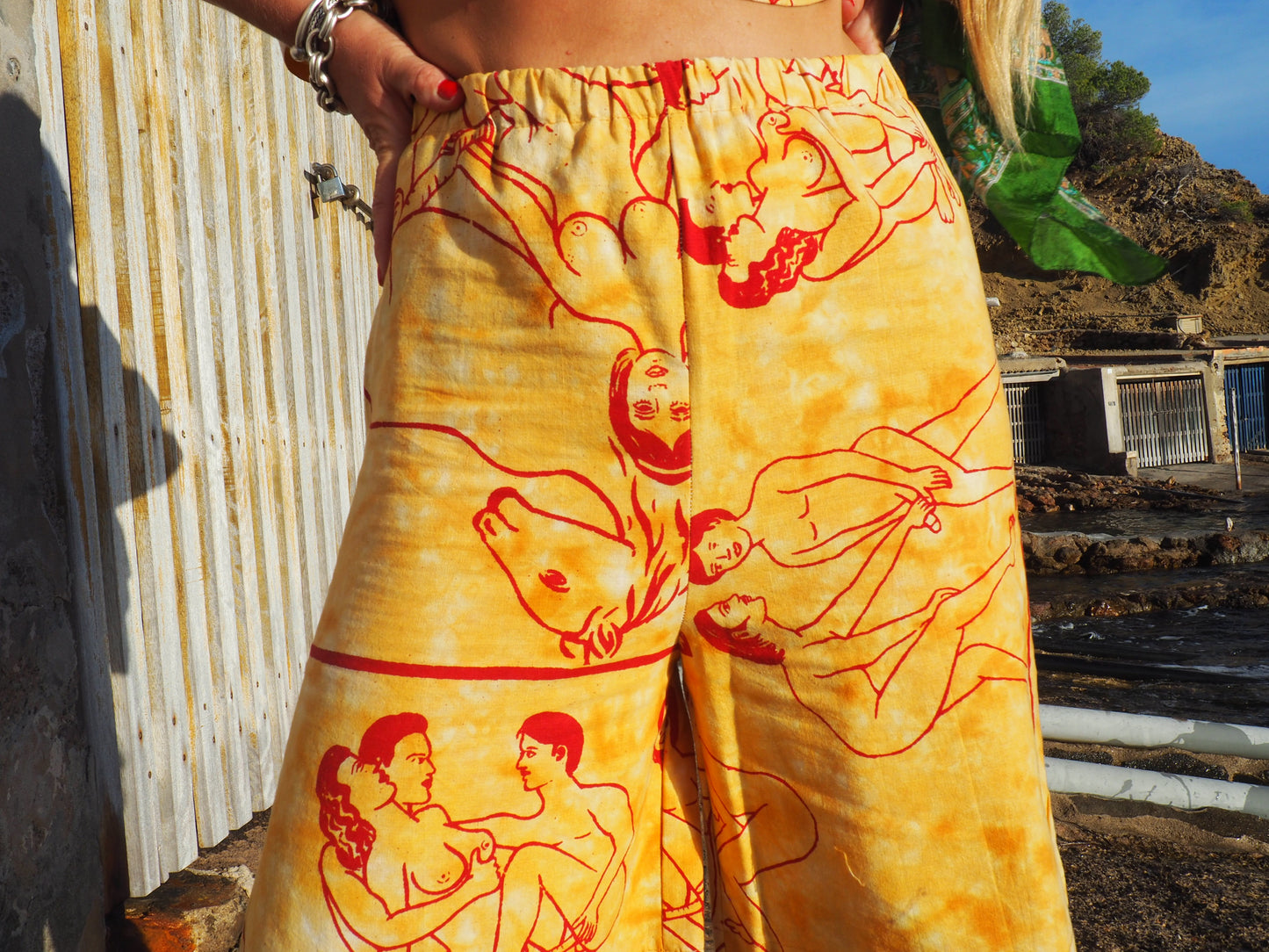 Up-cycled vintage cotton shorts with elastic waist and  printed karma sutra design mellow yellow