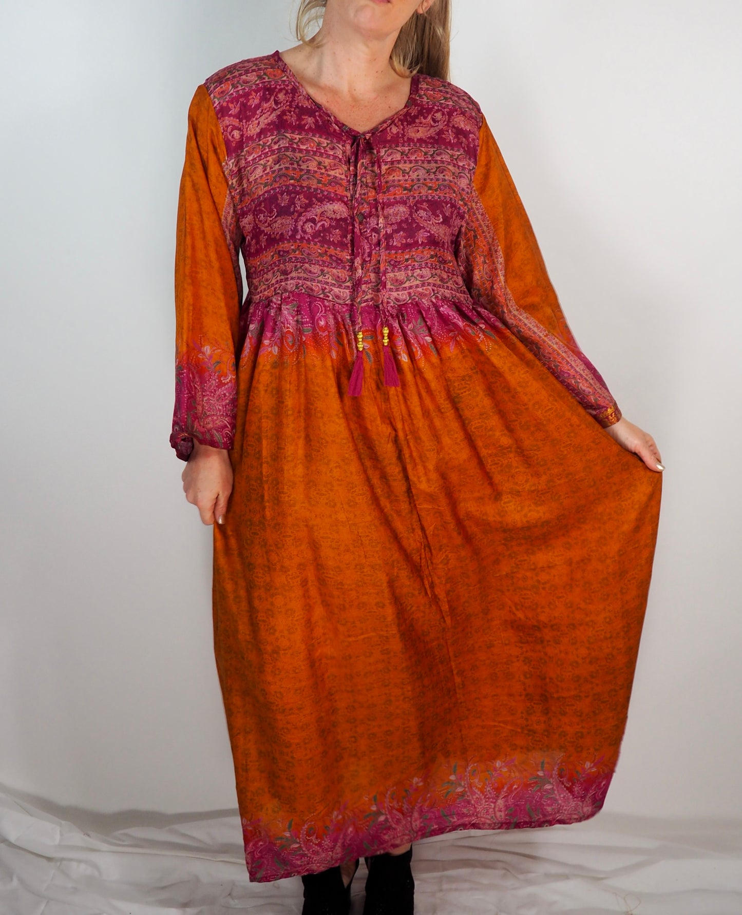 The Vadella Up-cycled Vintage Re-cycled Sari Maxi Dress – Sustainable Boho Dress with Tie Neck Detail + Matching Scrunchy & Bag