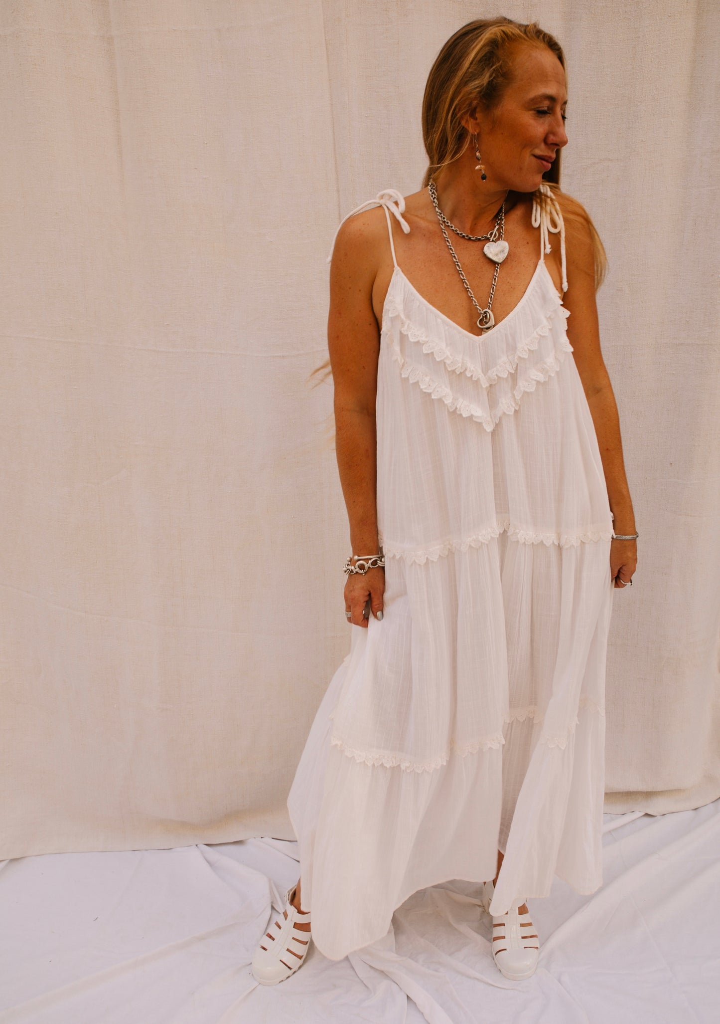 Vintage White Maxi Dress with Ruffle Detail – Made by Vagabond Ibiza