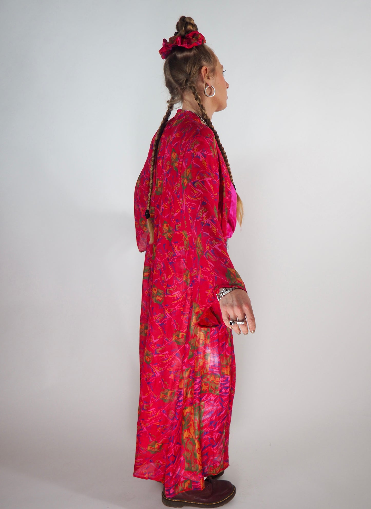 The Kardash Long Kimono – Up-cycled Vintage Sari long Kimono Robe with Waist Tie + Matching Scrunchy & Storage Bag