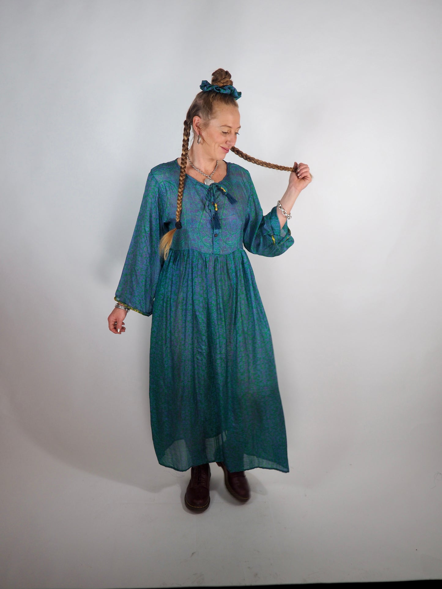 The Vadella Up-cycled Vintage Re-cycled Sari Maxi Dress – Sustainable Boho Dress with Tie Neck Detail + Matching Scrunchy & Bag