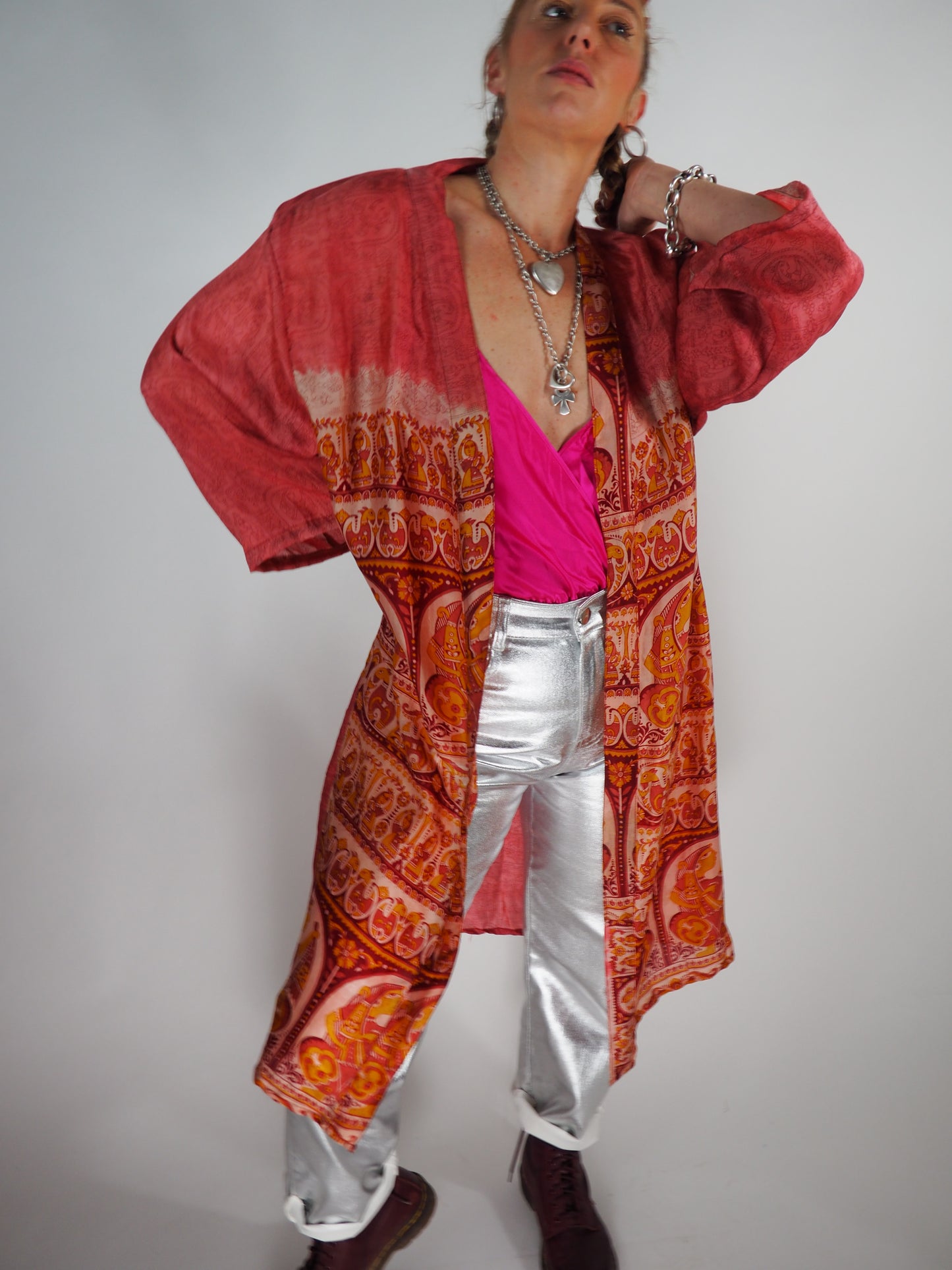 The Kardash Medium-Length Kimono – Up-cycled Vintage Sari Kimono Jacket with Waist Tie + Matching Scrunchy & Storage Bag