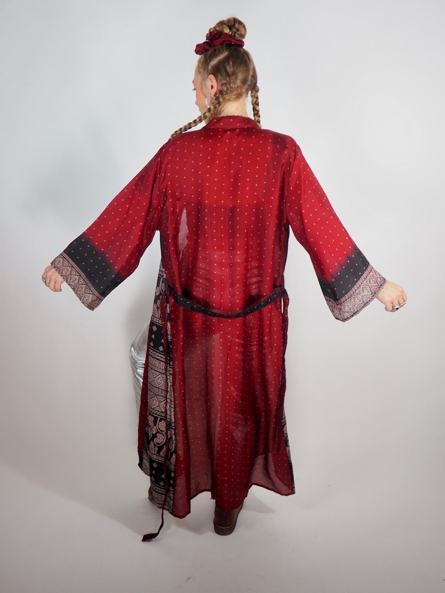 The Kardash Long Kimono – Up-cycled Vintage Sari long Kimono Robe with Waist Tie + Matching Scrunchy & Storage Bag