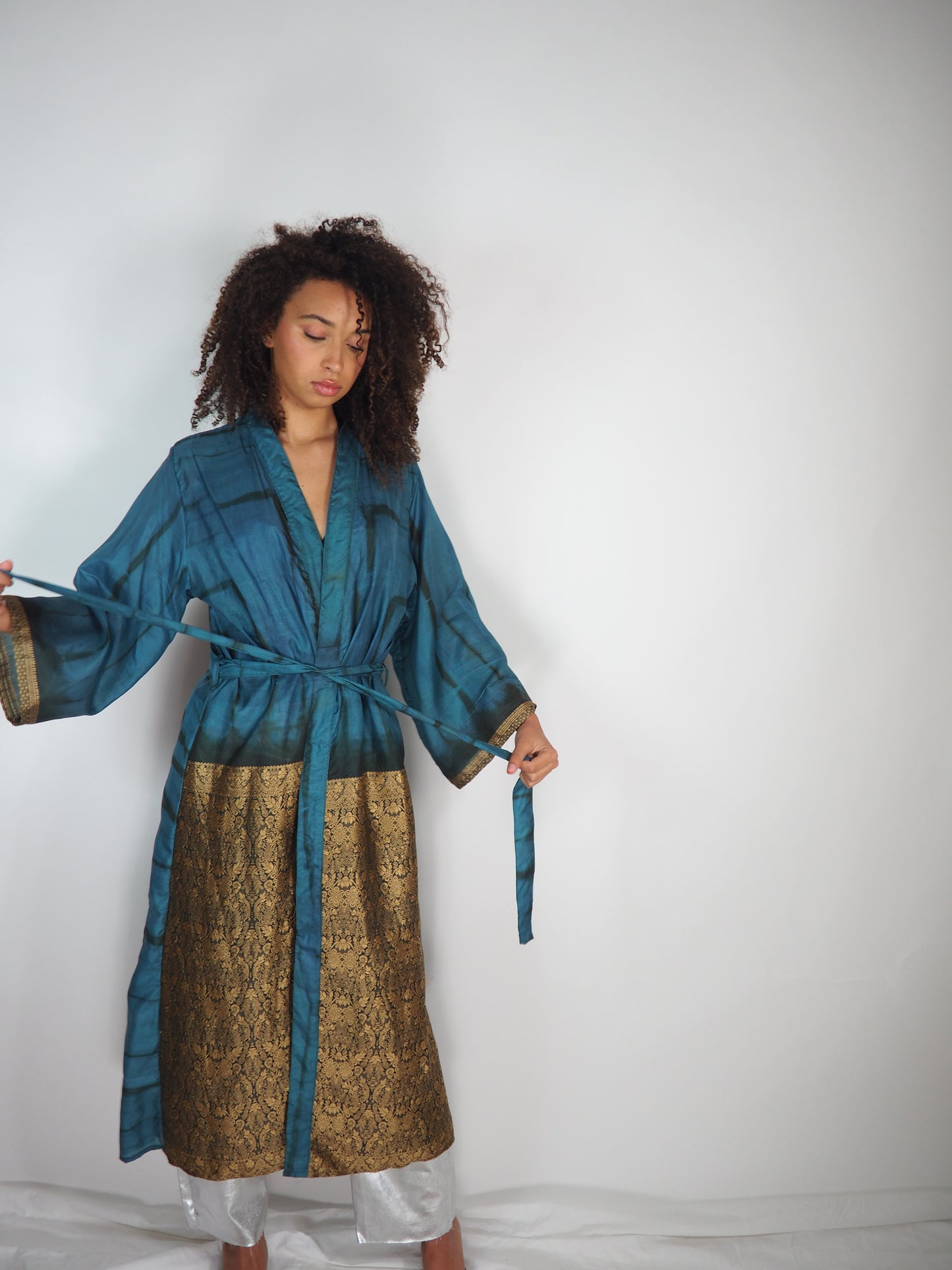 The Kardash Long Kimono – Up-cycled Vintage Sari long Kimono Robe with Waist Tie + Matching Scrunchy & Storage Bag