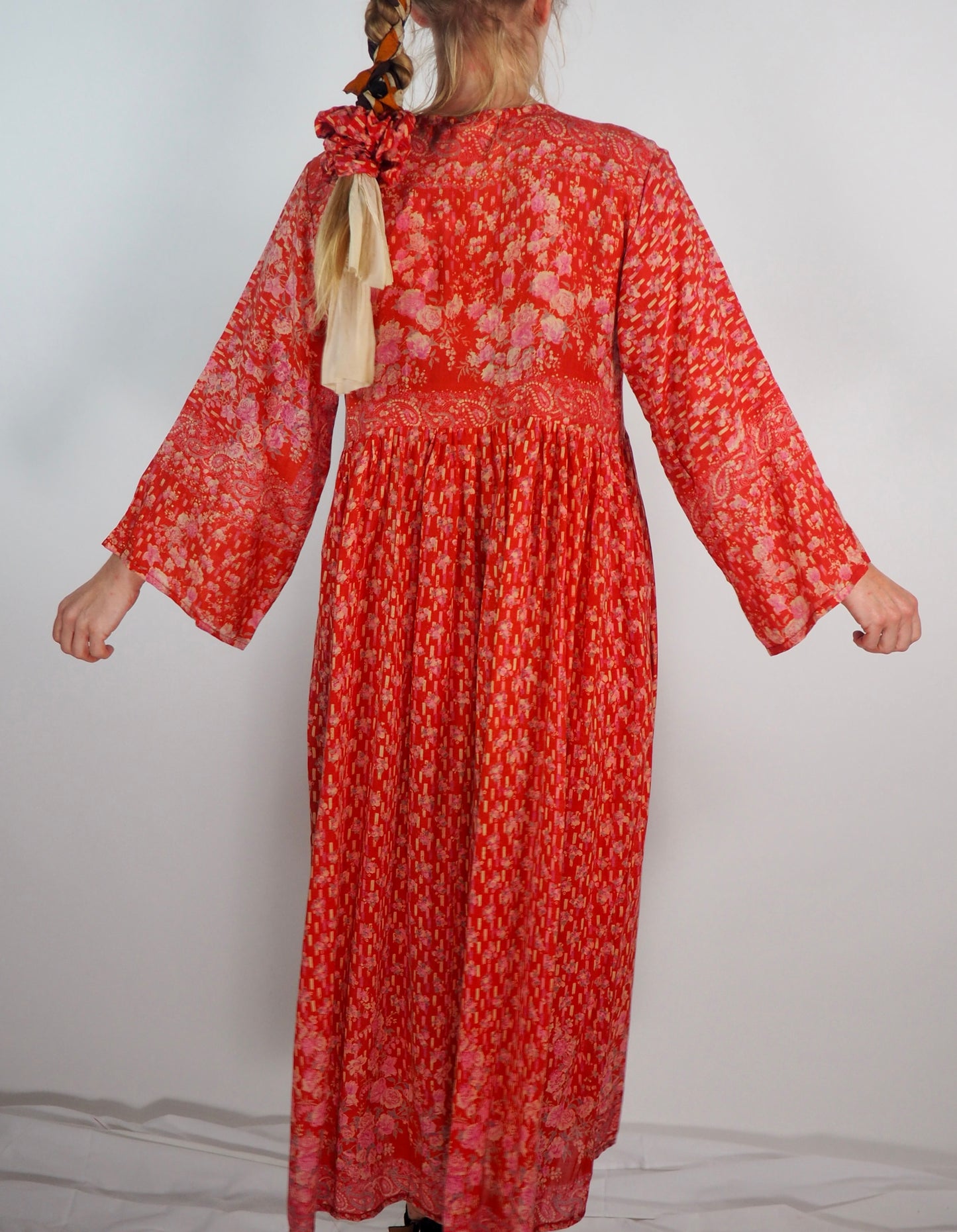 The Vadella Up-cycled Vintage Re-cycled Sari Maxi Dress – Sustainable Boho Dress with Tie Neck Detail + Matching Scrunchy & Bag