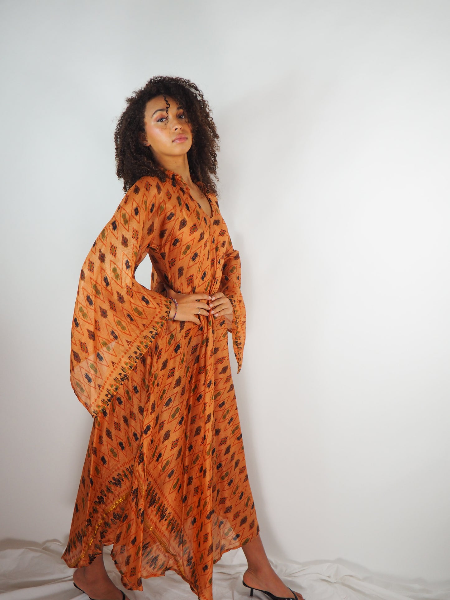 The Diamond Bias-Cut Maxi Dress – Up-cycled Vintage Sari Sustainable Dress with angel Sleeves + Matching Scrunchy & Bag