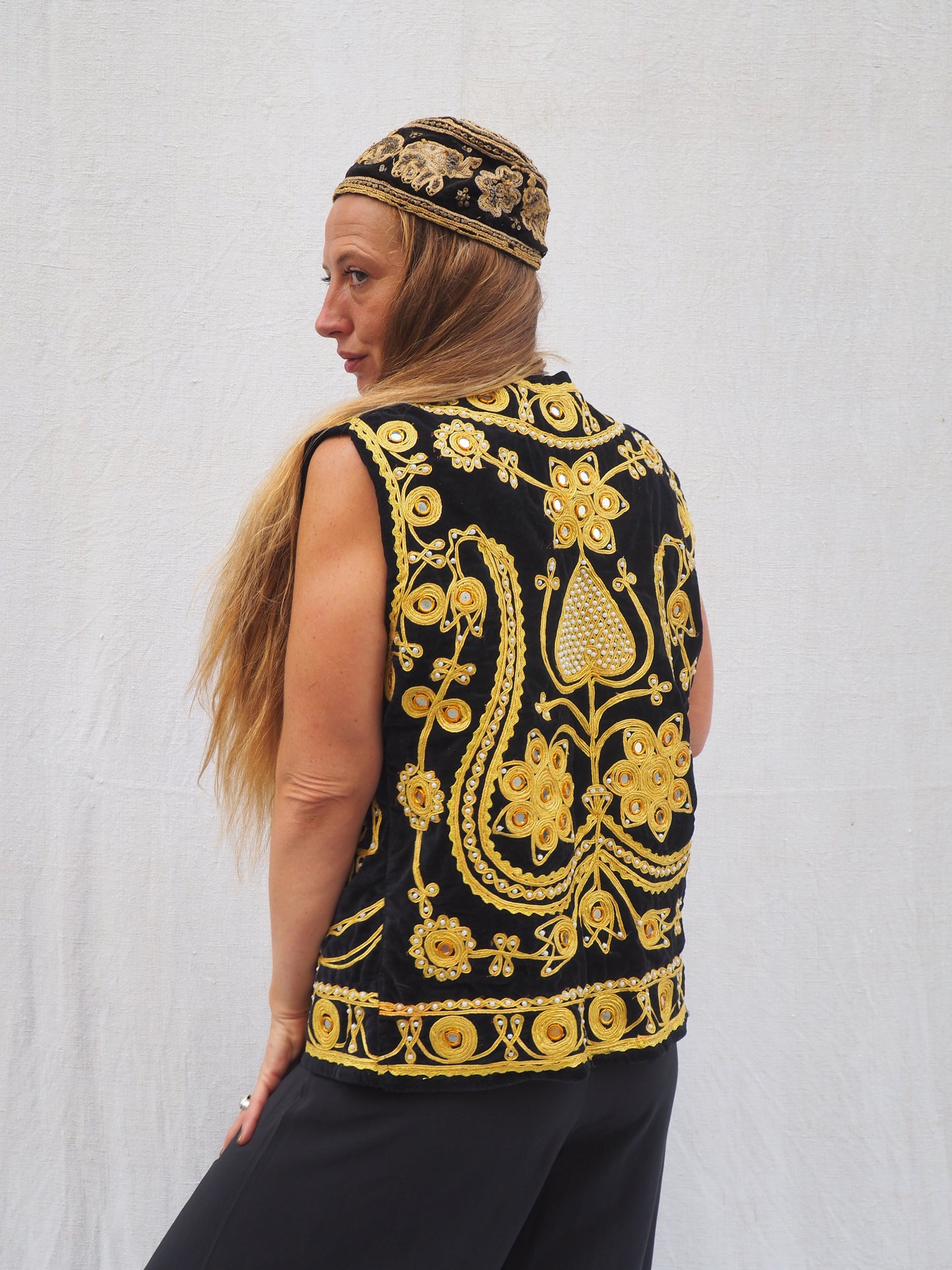 Vintage Black Velvet Waistcoat with Gold Embroidery