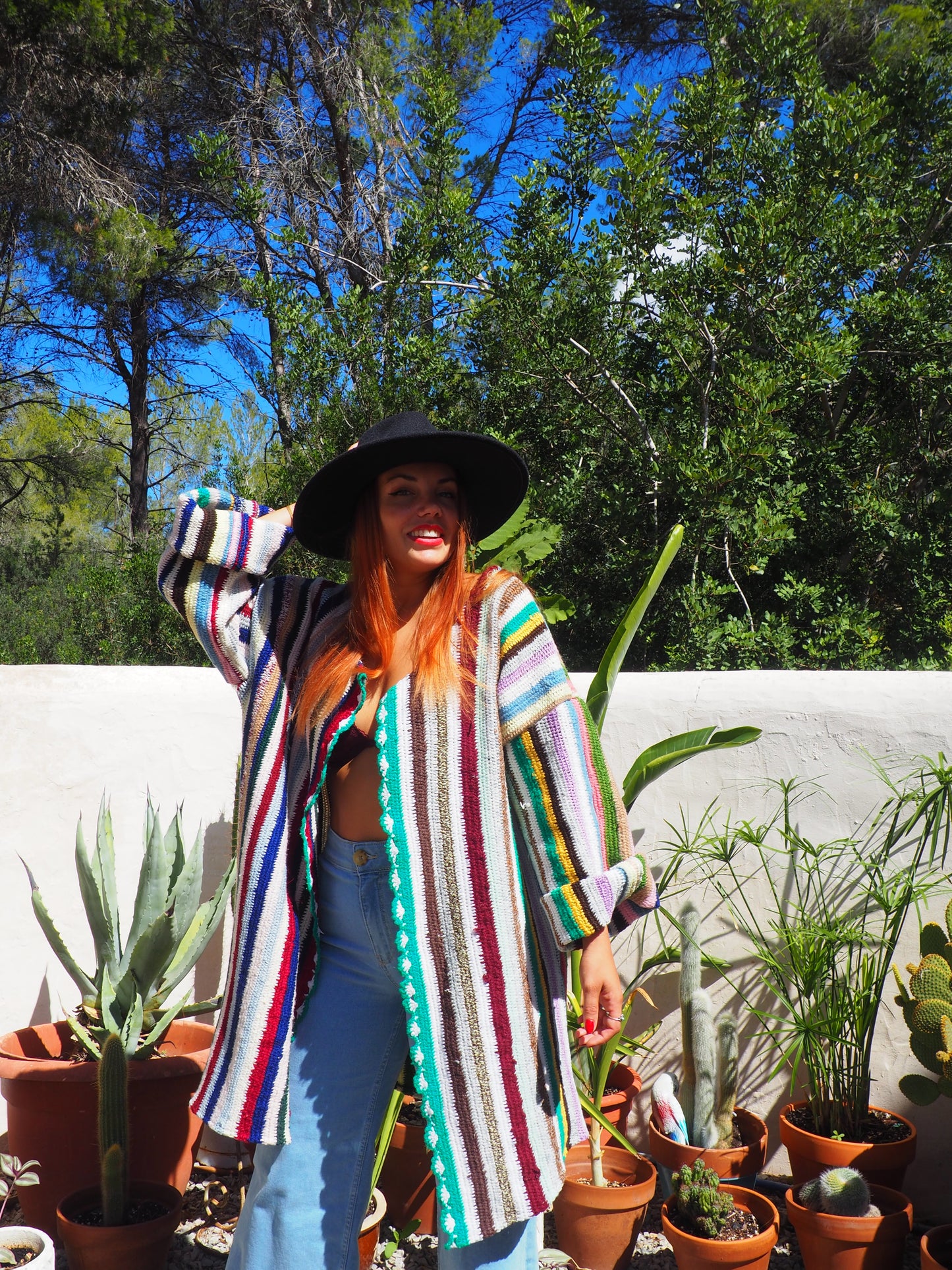 Vintage striped rainbow wool and cotton crochet jacket up-cycled by Vagabond Ibiza