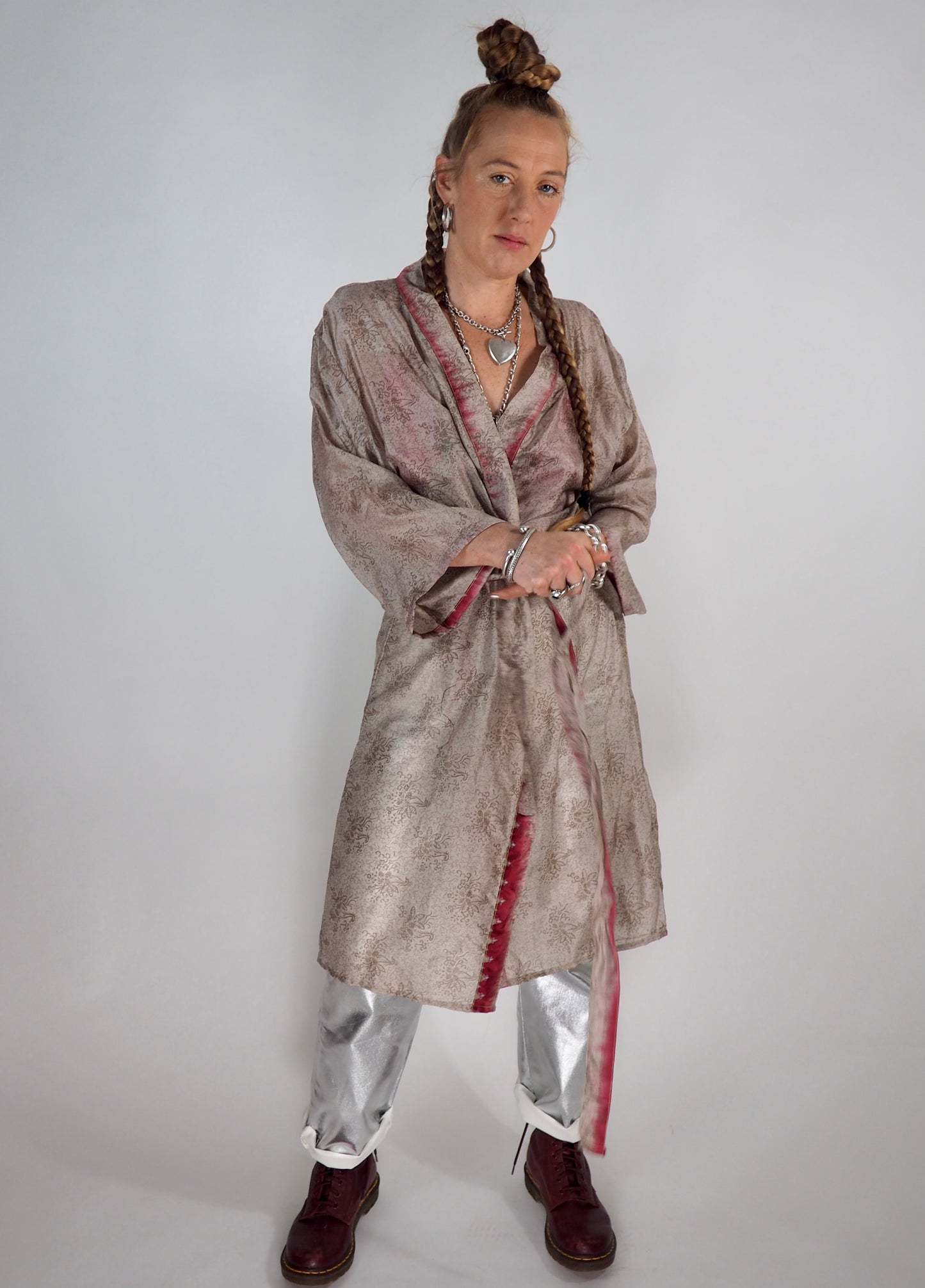 The Kardash Medium-Length Kimono – Up-cycled Vintage Sari Kimono Jacket with Waist Tie + Matching Scrunchy & Storage Bag