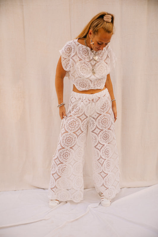 Up-cycled Vintage white Lace Trousers with Side Detailing – Handmade by Vagabond Ibiza