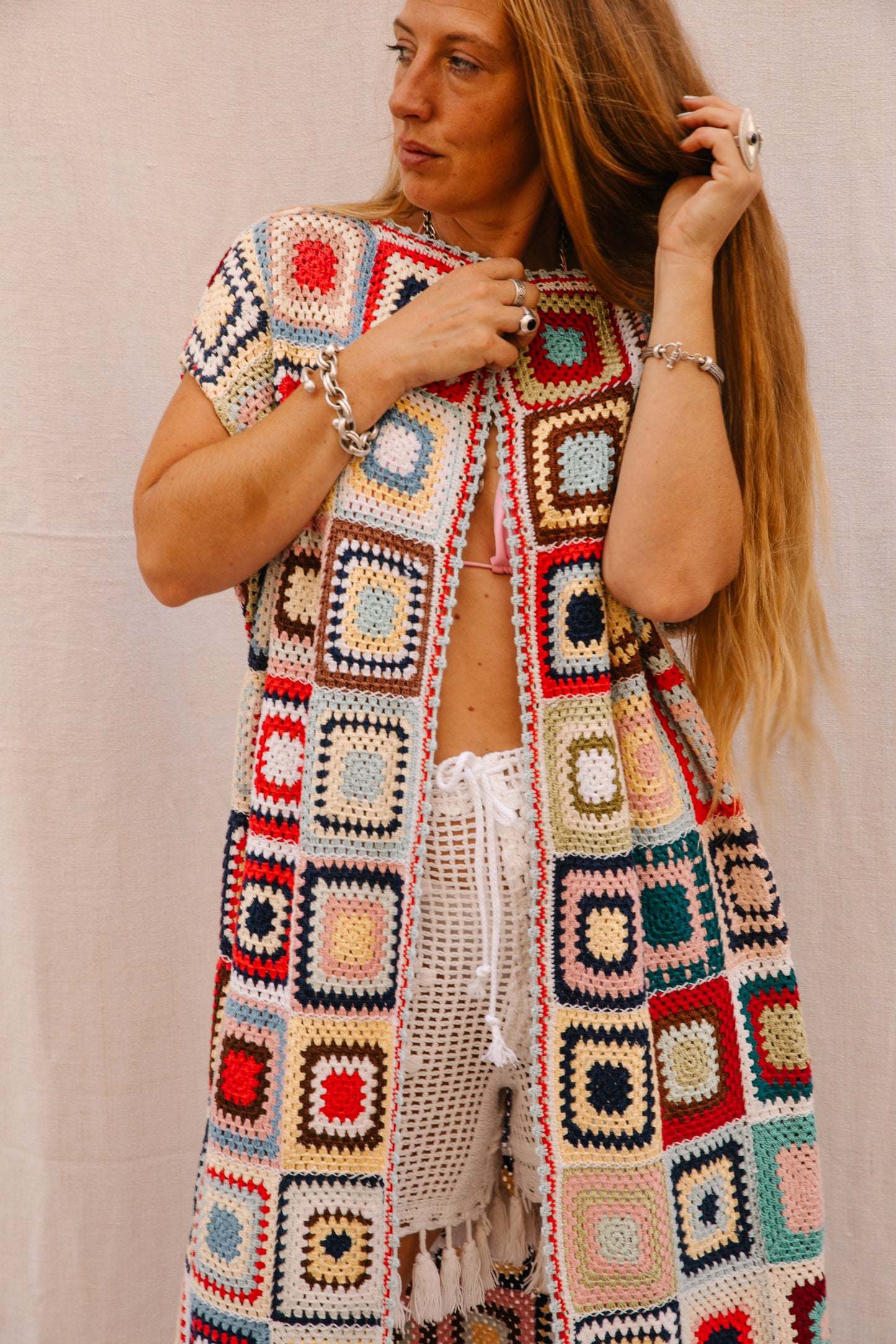 Vintage 1970s Granny Square Crochet blanket jacket waistcoat up-cycled by Vagabond Ibiza